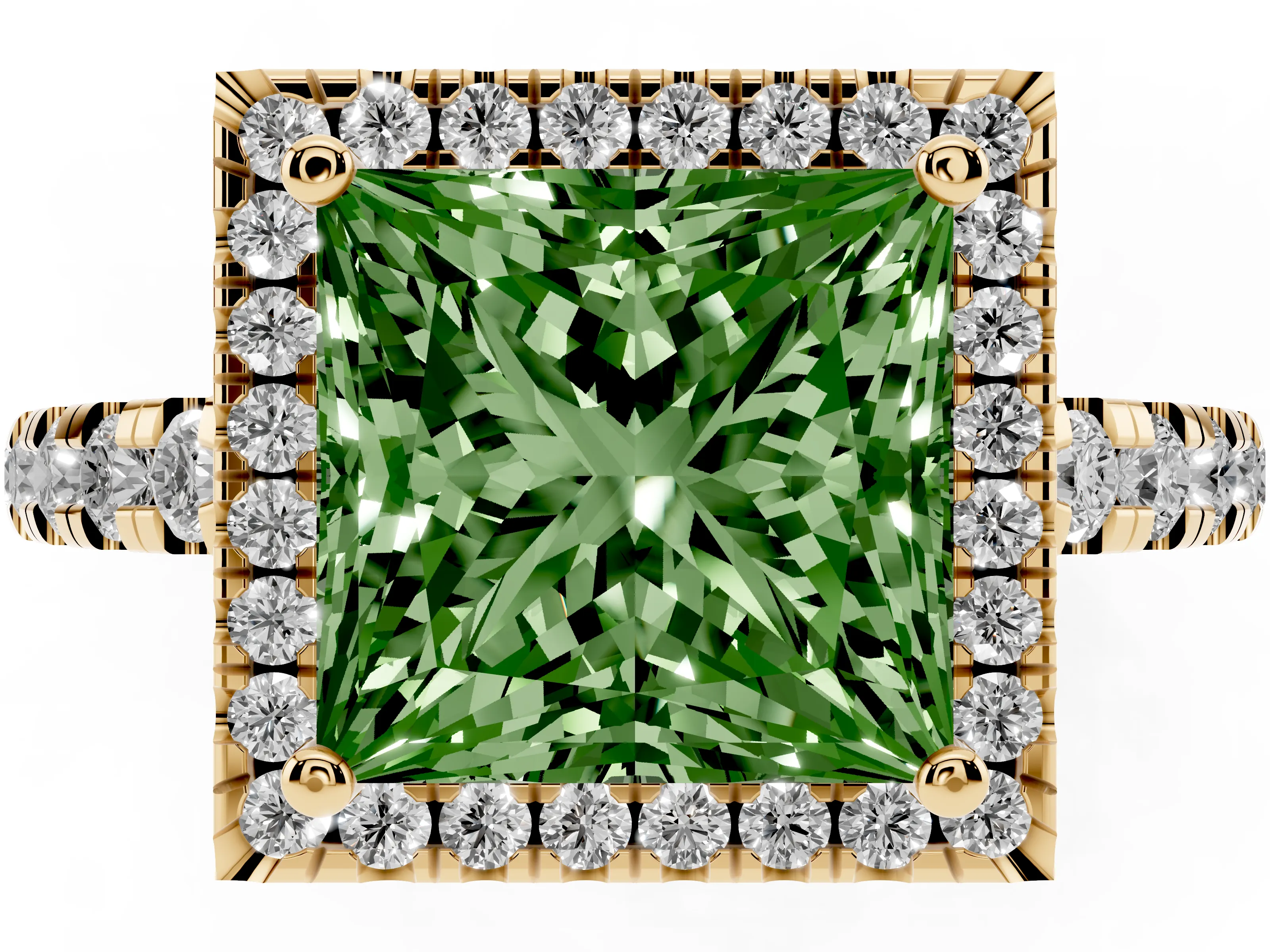 Fancy Green Princess Cut Diamond Halo Ring Set in Yellow gold with Delicate Pavé Band and Prong Setting