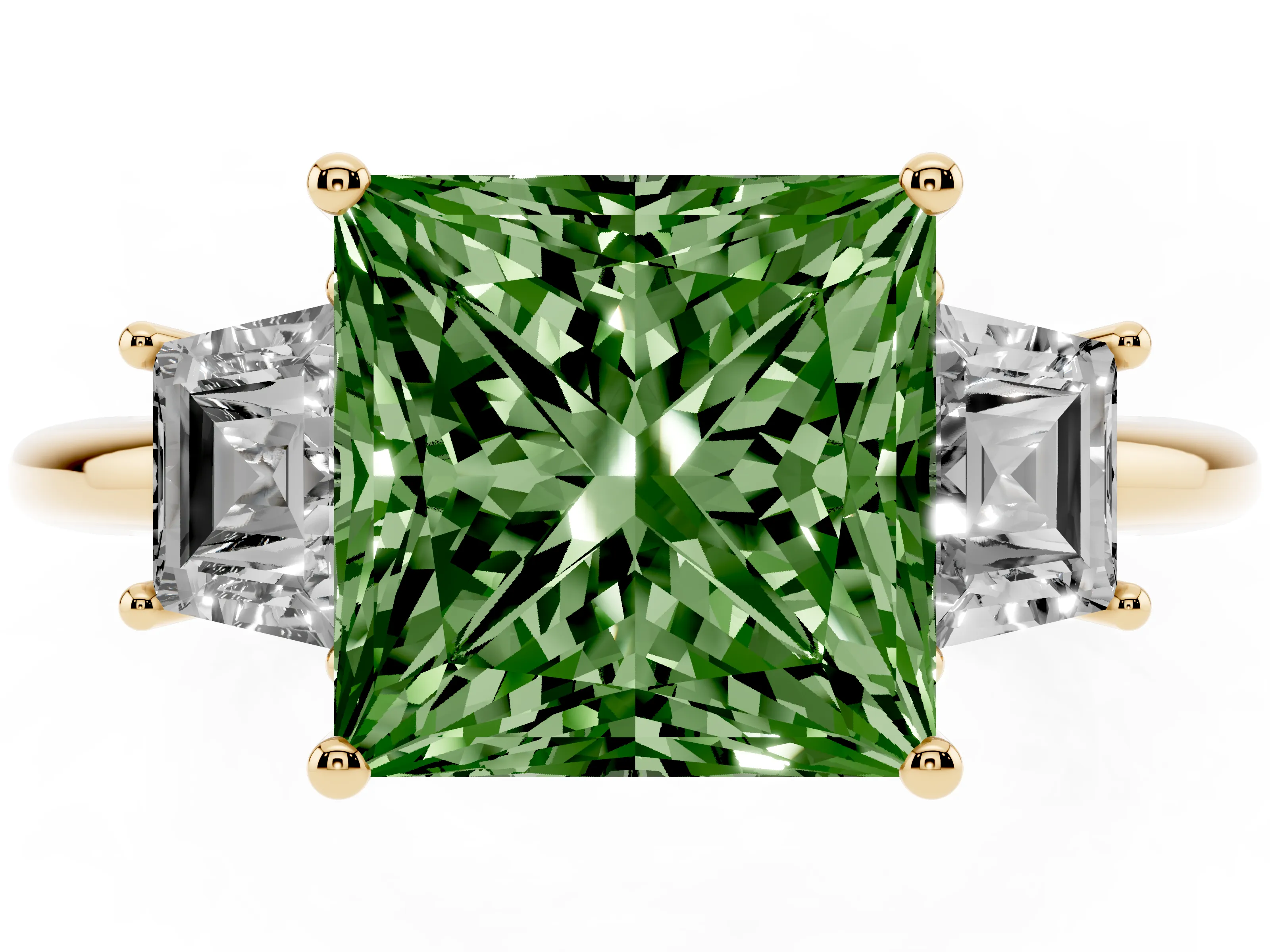 Fancy Green Princess Cut Diamond Three-Stone Ring Set in Yellow gold with Trapezoid Side Stones and Prong Setting