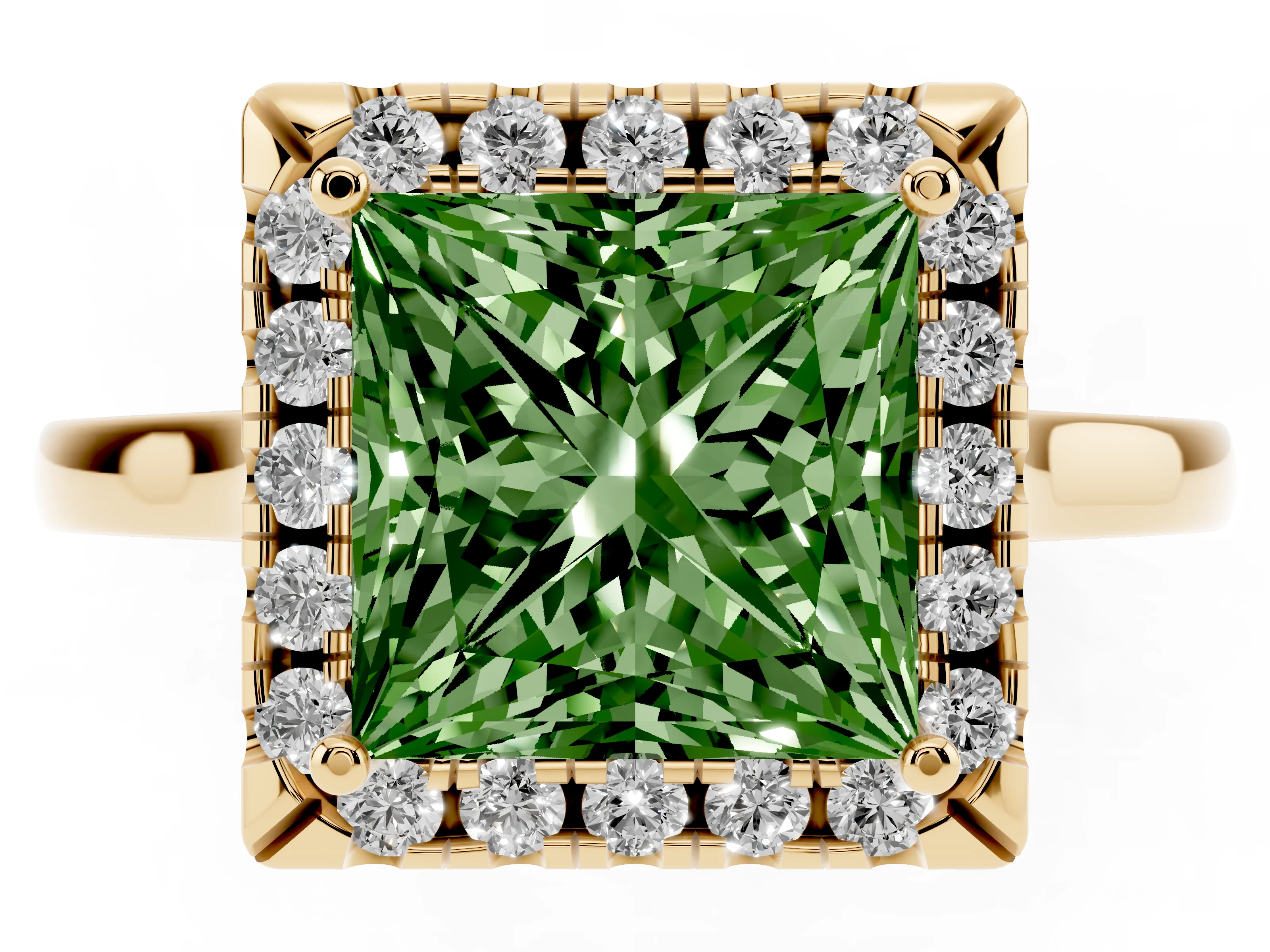 Fancy Green Princess Cut Halo Round Diamond Solitaire Ring Set in Yellow gold with Pavé Band and Prong Setting