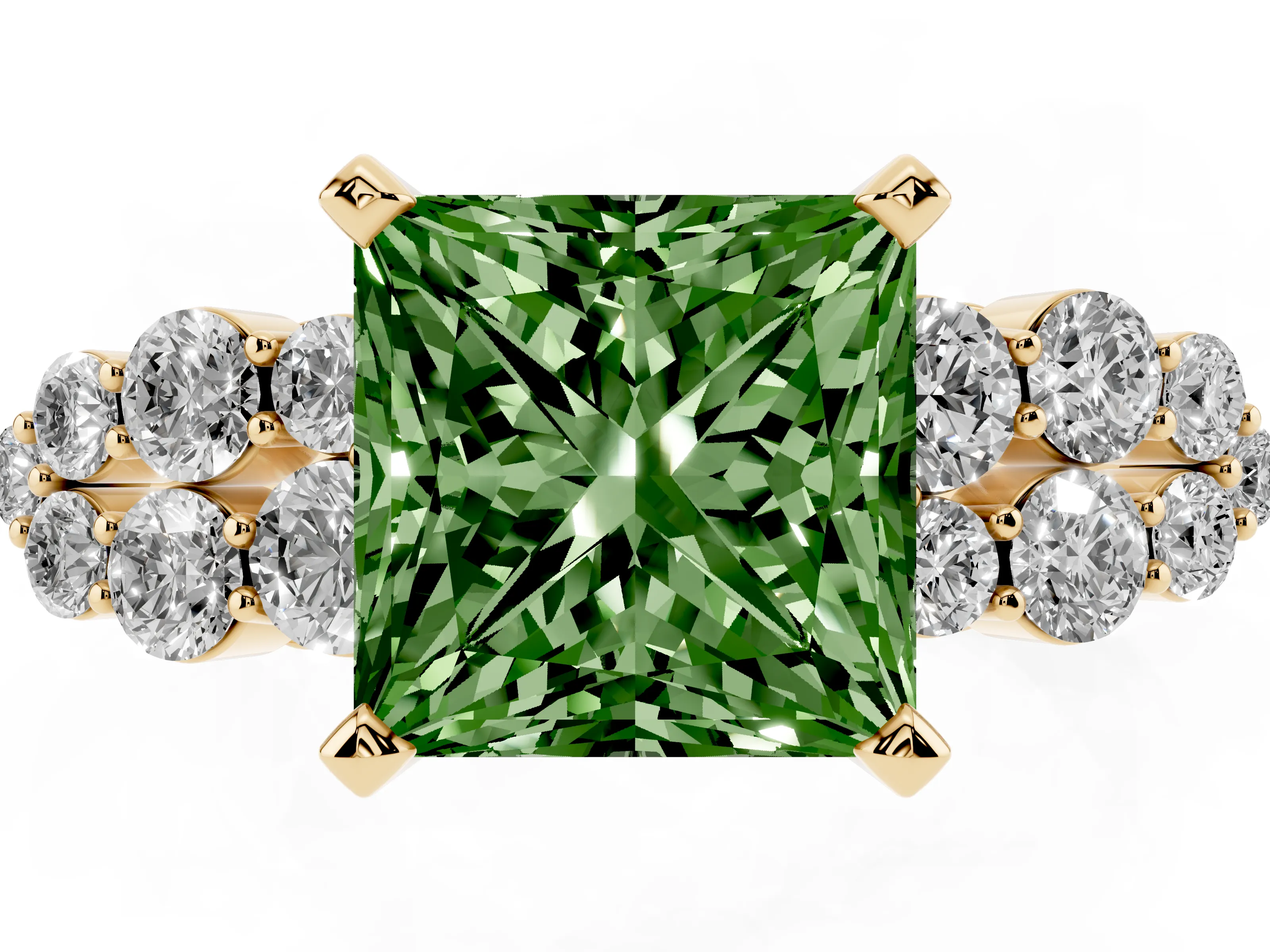 Fancy Green Princess Cut Diamond Cluster Engagement Ring Set in Yellow gold with Pavé Band and Prong Setting