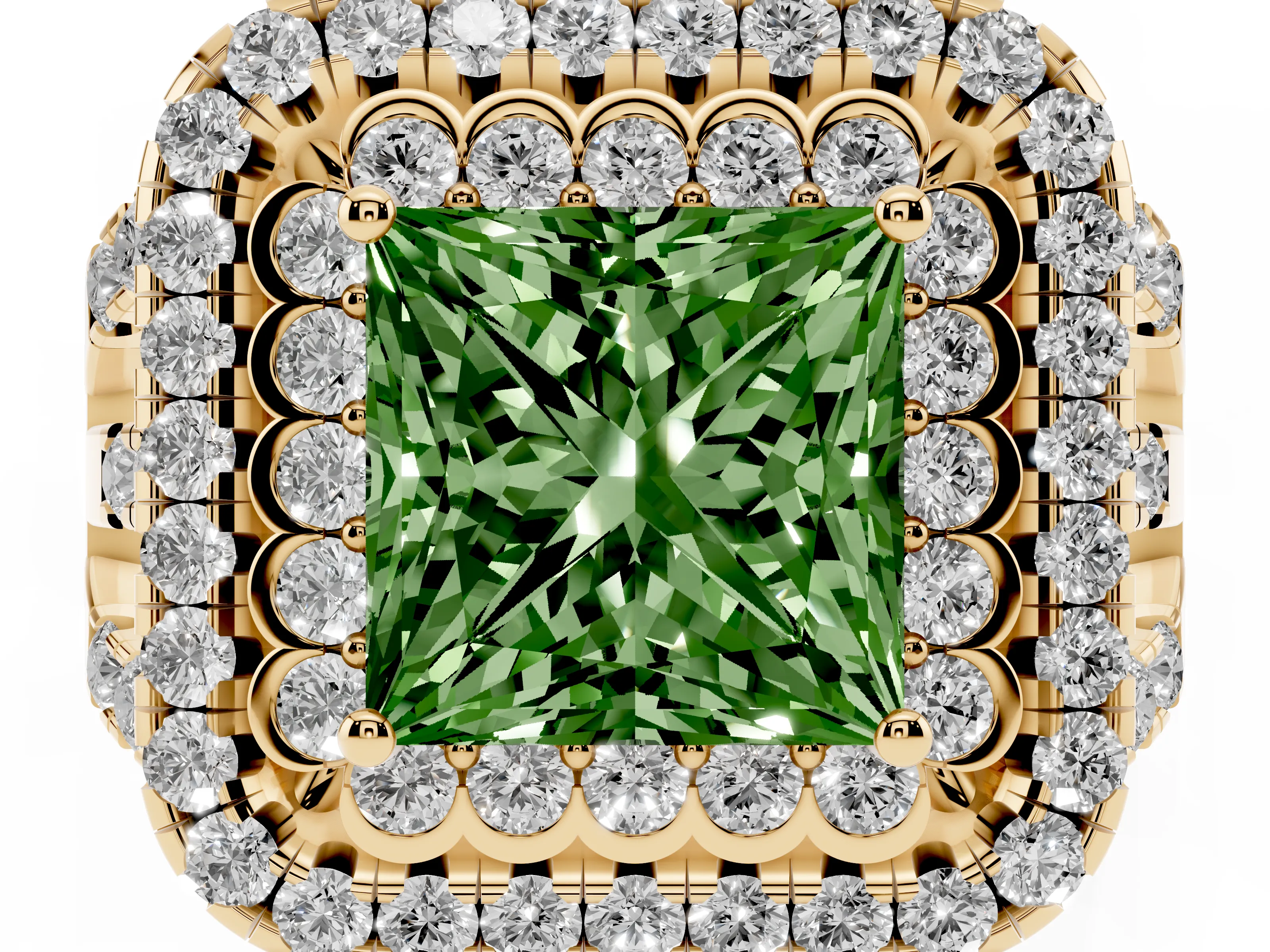 Fancy Green Princess Cut Diamond Double Halo Ring Set in Yellow gold with Round Pavé Split Shank