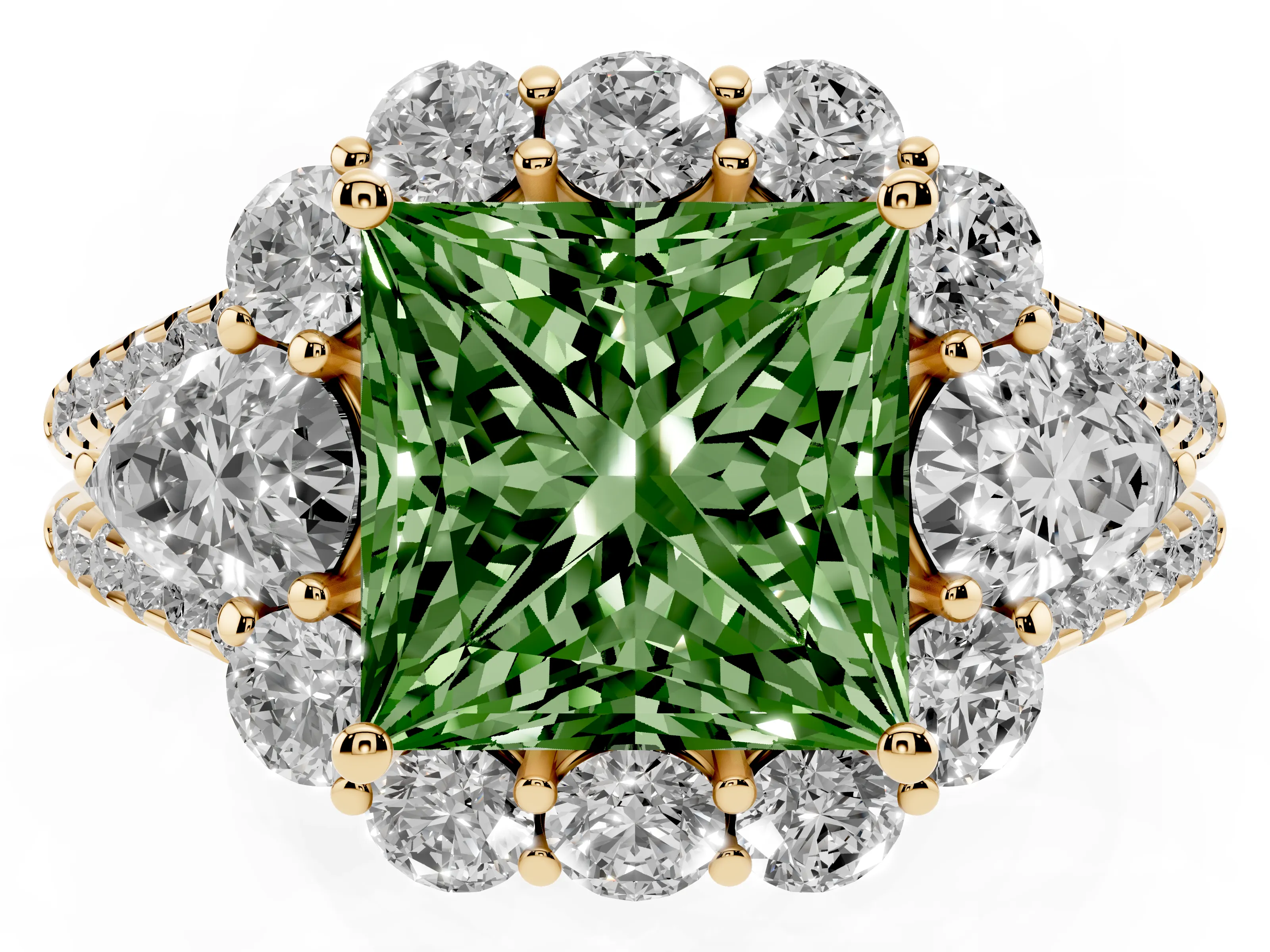 Fancy Green Princess Cut Diamond Halo Split Shank Engagement Ring Set in Yellow gold with Prong-Held Center Stone