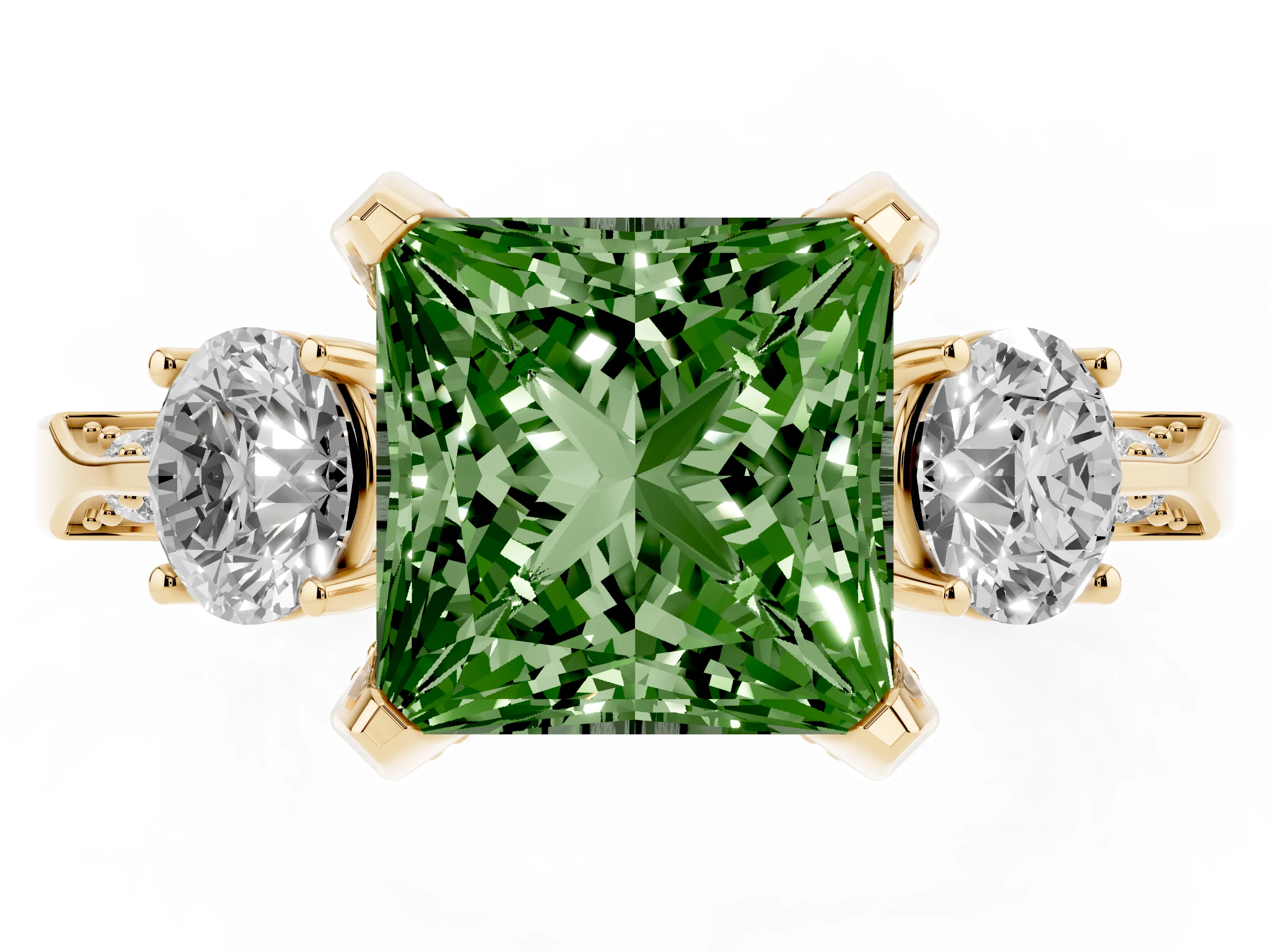 Fancy Green Princess Cut Diamond Three-Stone Ring Set in Yellow gold with Pavé Band and Smaller Side Stones