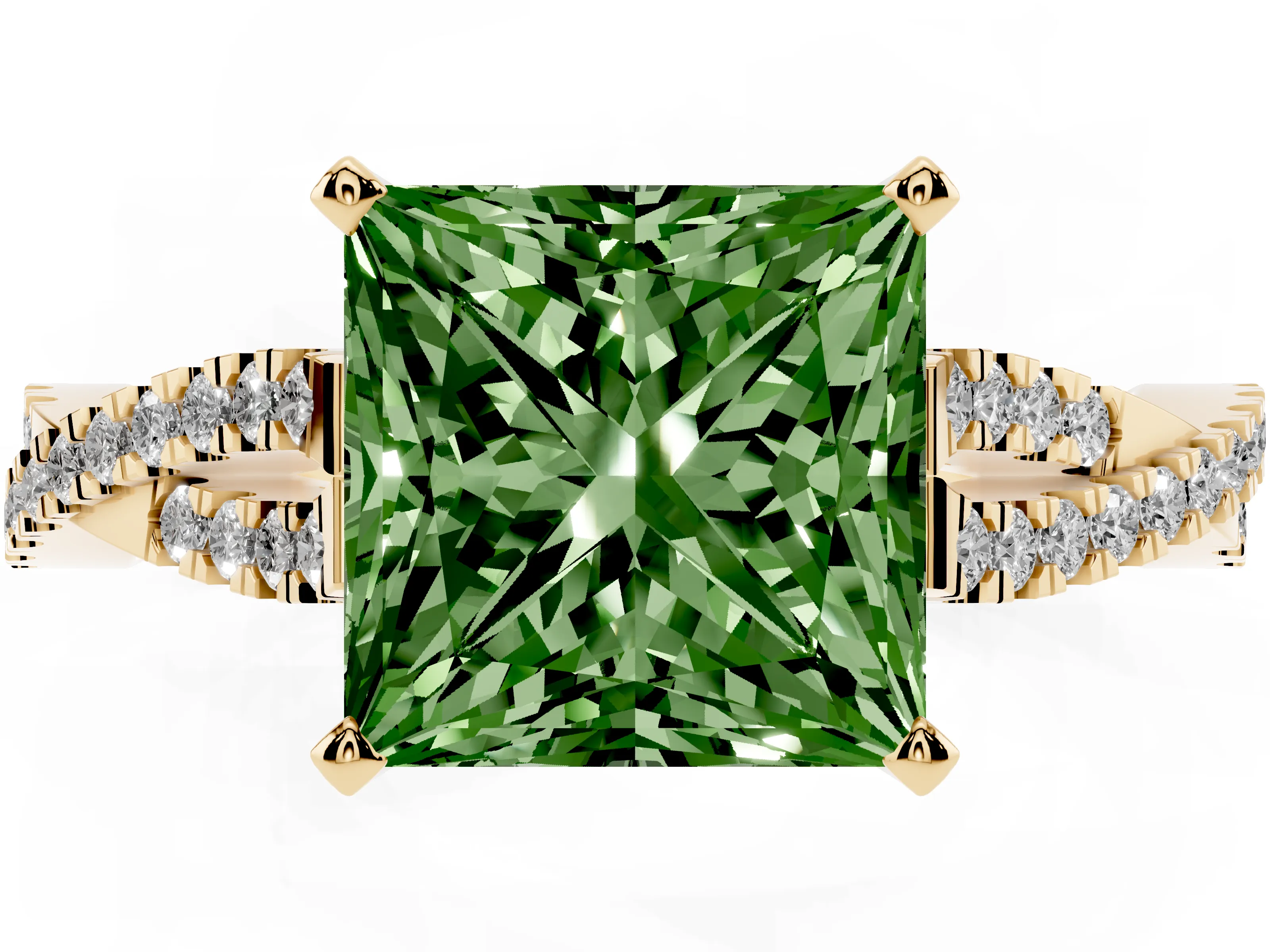 Fancy Green Princess Cut Diamond Solitaire Engagement Ring Set in Yellow gold with Twisted Pavé Band and Prong Setting