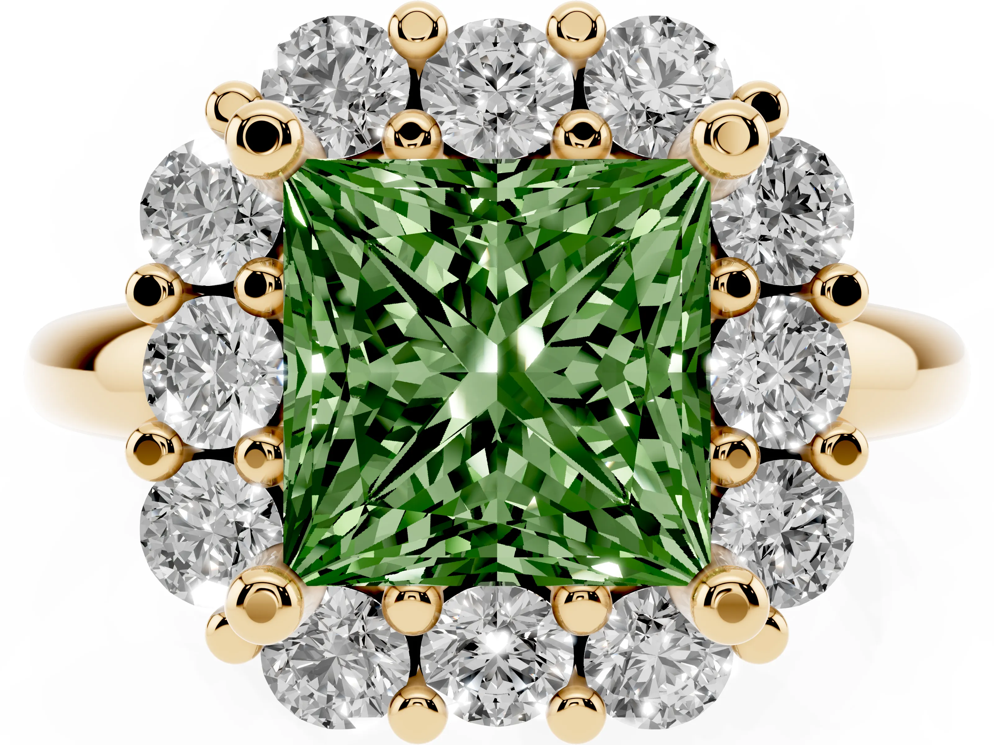 Fancy Green Princess Cut Diamond Halo Cluster Engagement Ring Set in Yellow gold with Polished Band and Prong Setting