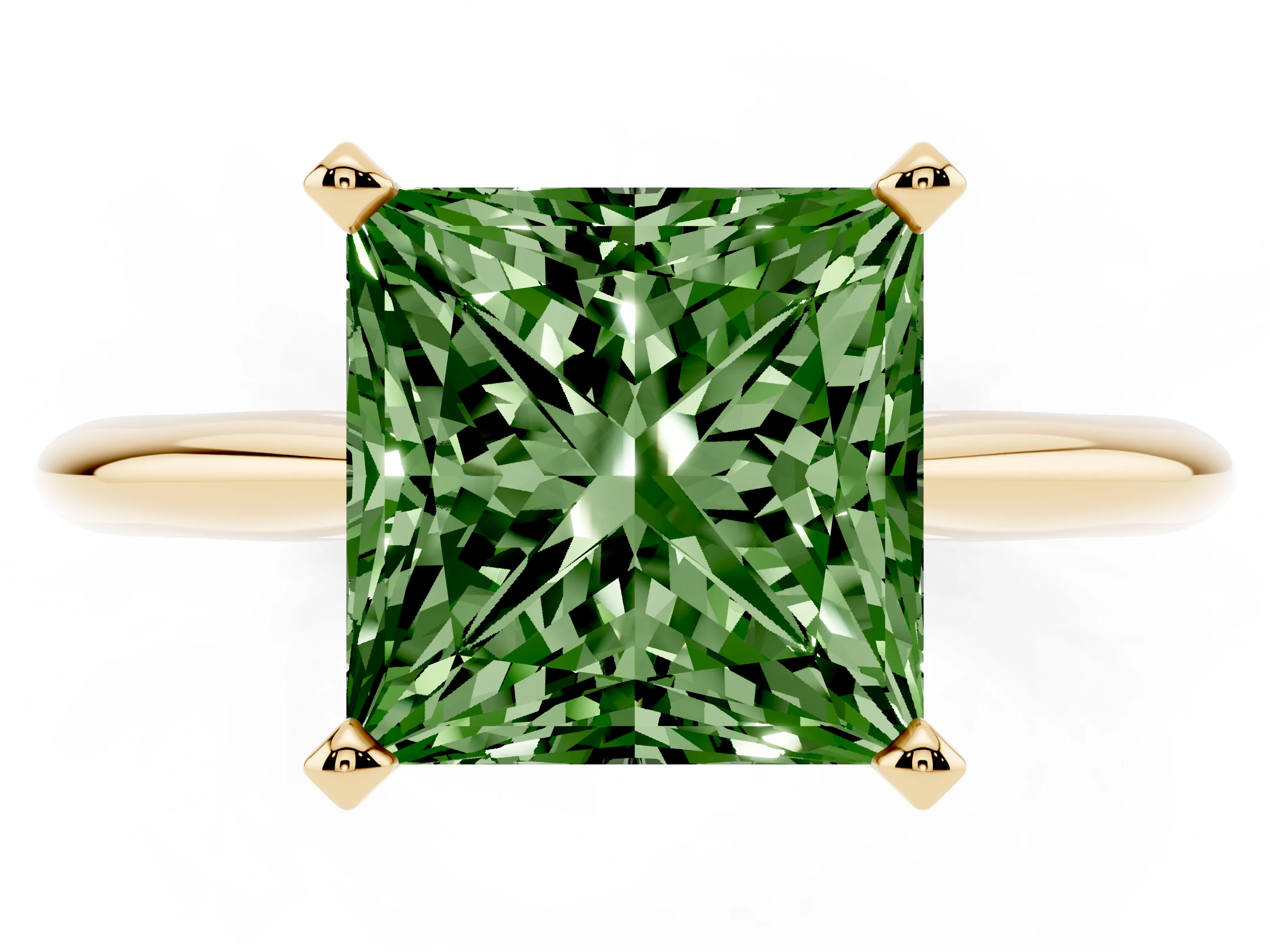 Fancy Green Princess Cut Diamond Solitaire Ring Set in Yellow gold with Prong Setting on a Plain Round Band