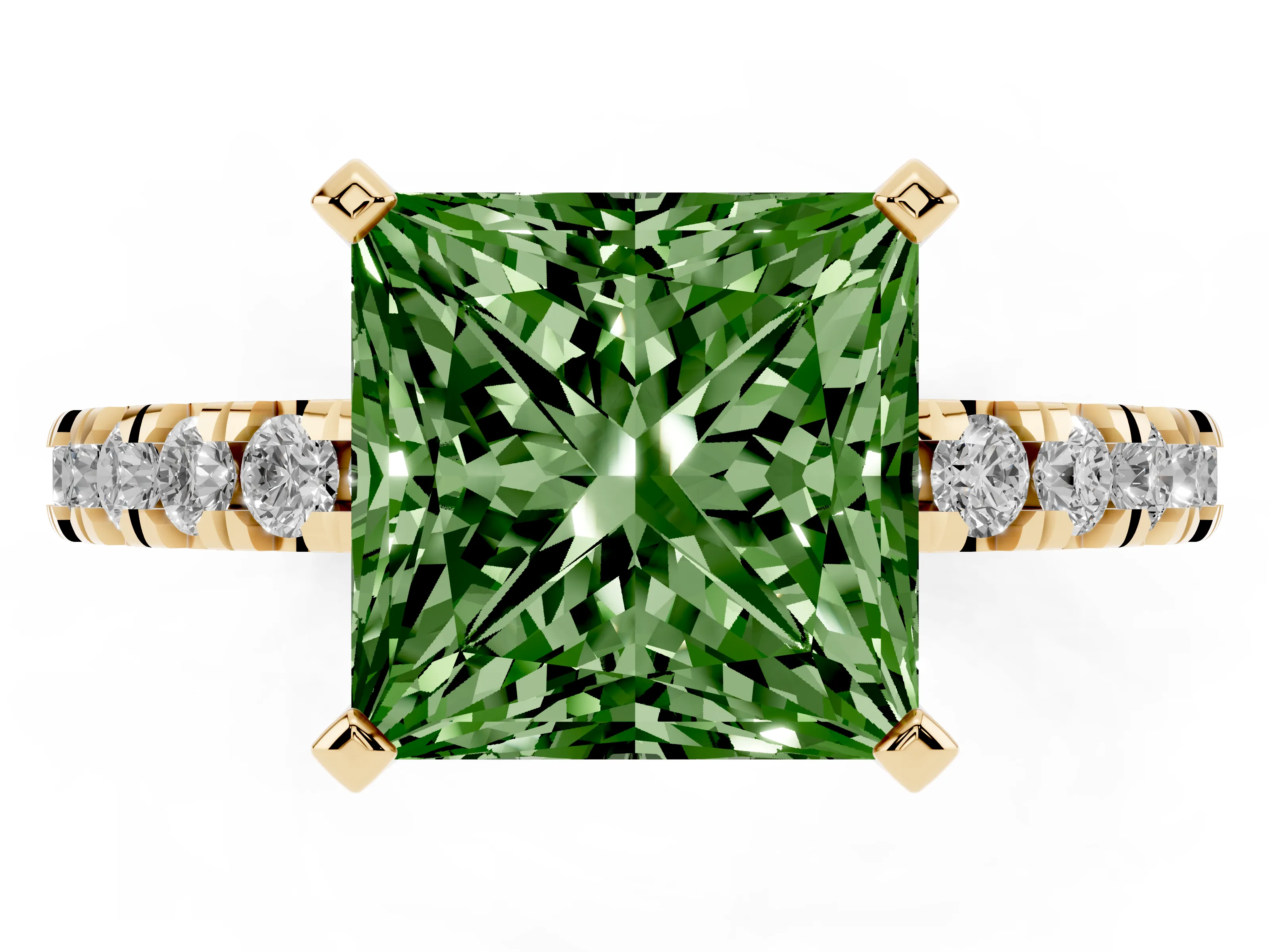 Fancy Green Princess Cut Diamond Pavé Band Solitaire Set in Yellow gold with Prong Setting