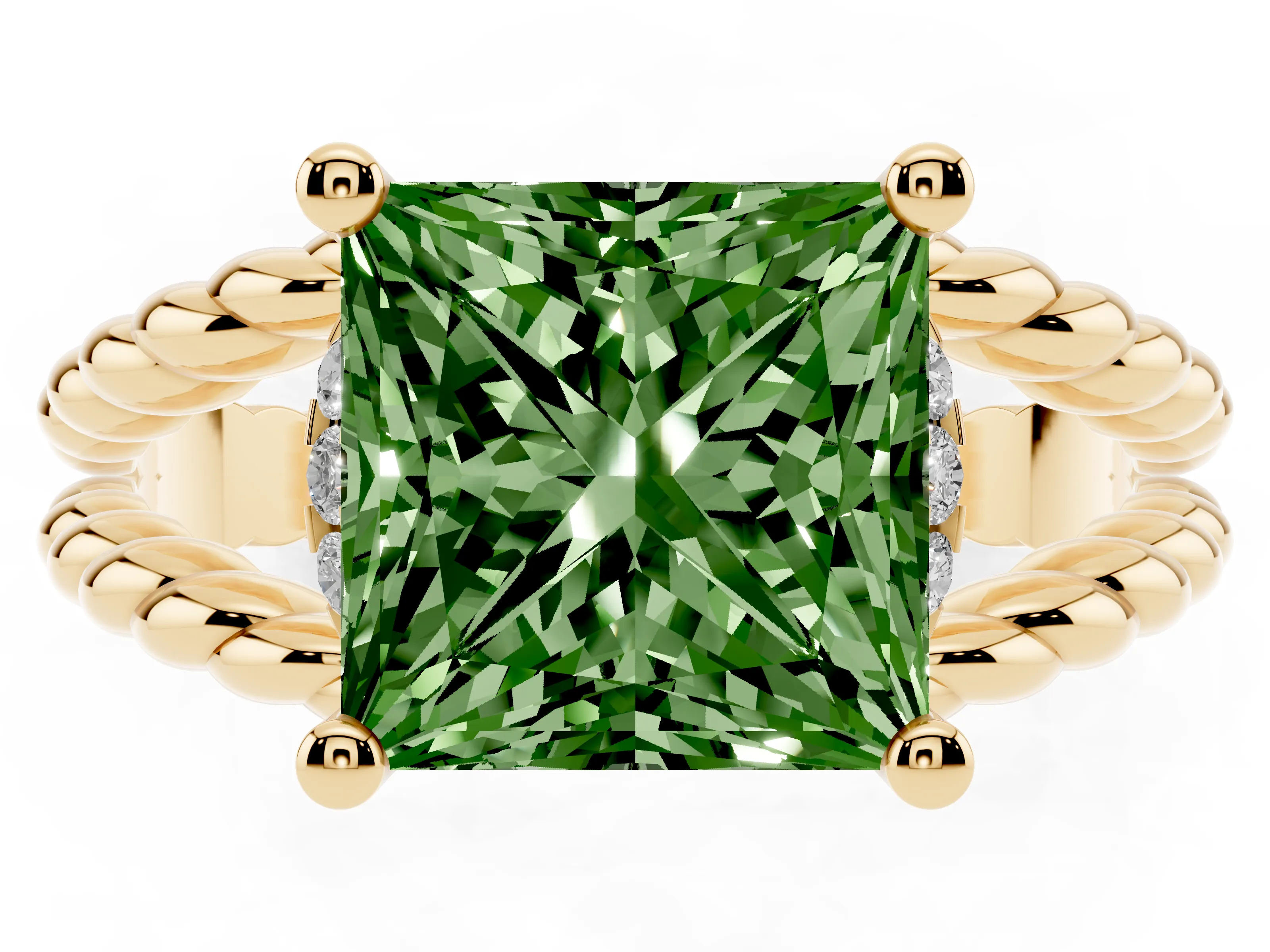 Fancy Green Princess Cut Diamond Halo Ring Set in Yellow gold with Twisted Band and Prong Setting