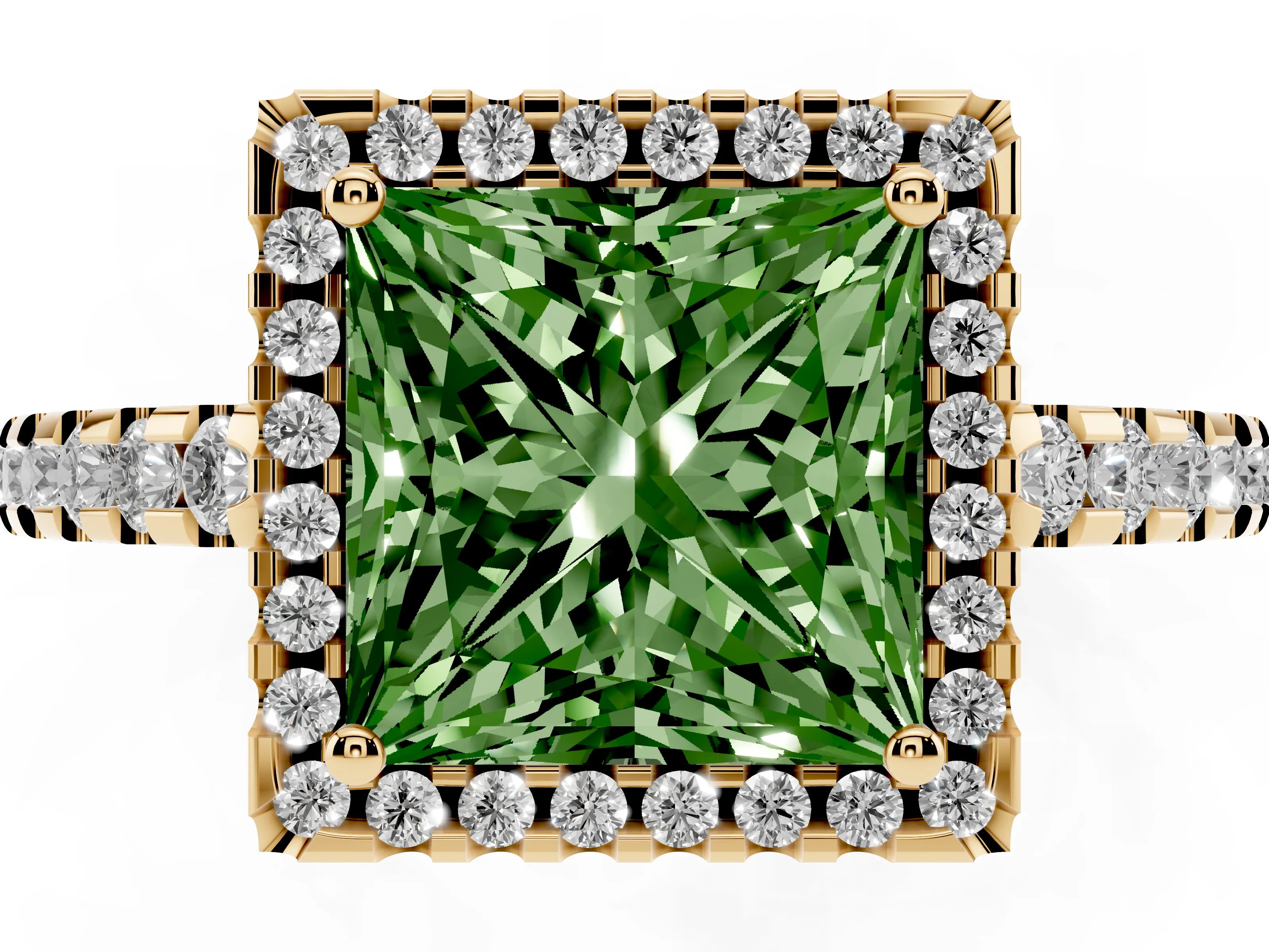 Fancy Green Princess Cut Diamond Halo Ring Set in Yellow gold with Pavé Shoulders and Halo-Framed Center