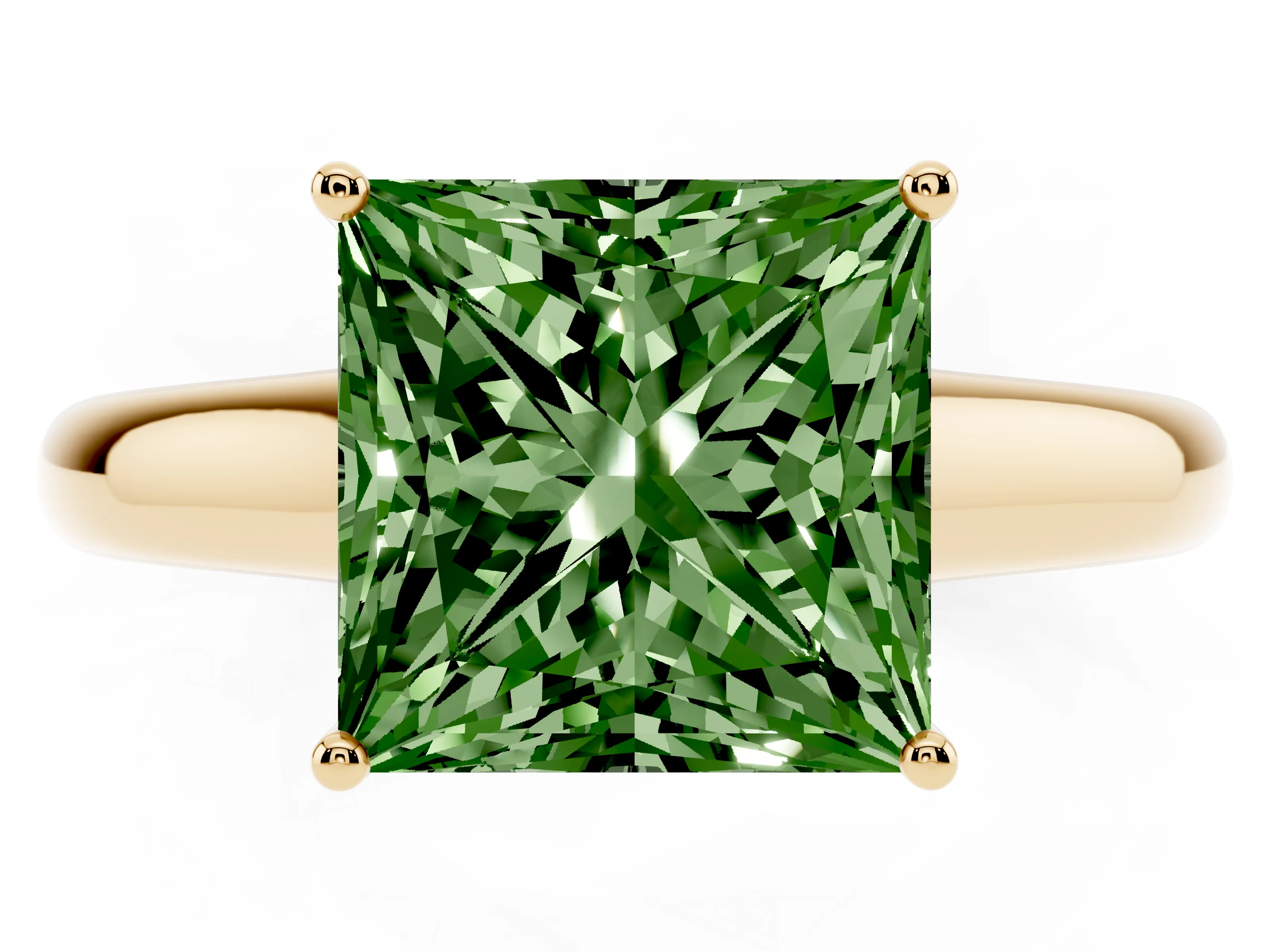 Fancy Green Princess Cut Diamond Solitaire Engagement Ring Set in Yellow gold with Subtly Tapered Band and Prong Setting