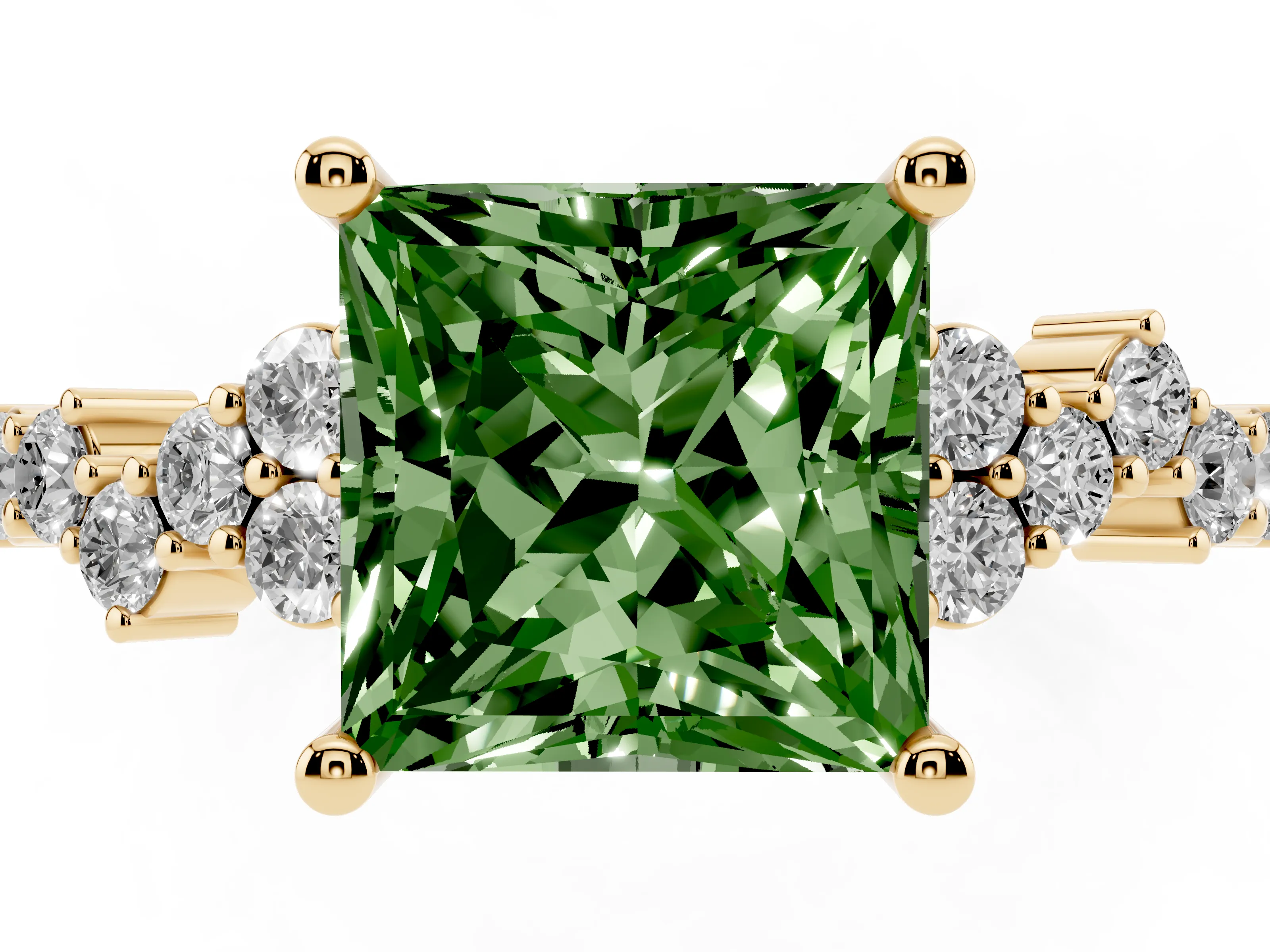 Fancy Green Princess Cut Diamond Ring Set in Yellow gold with Scattered Round Accents