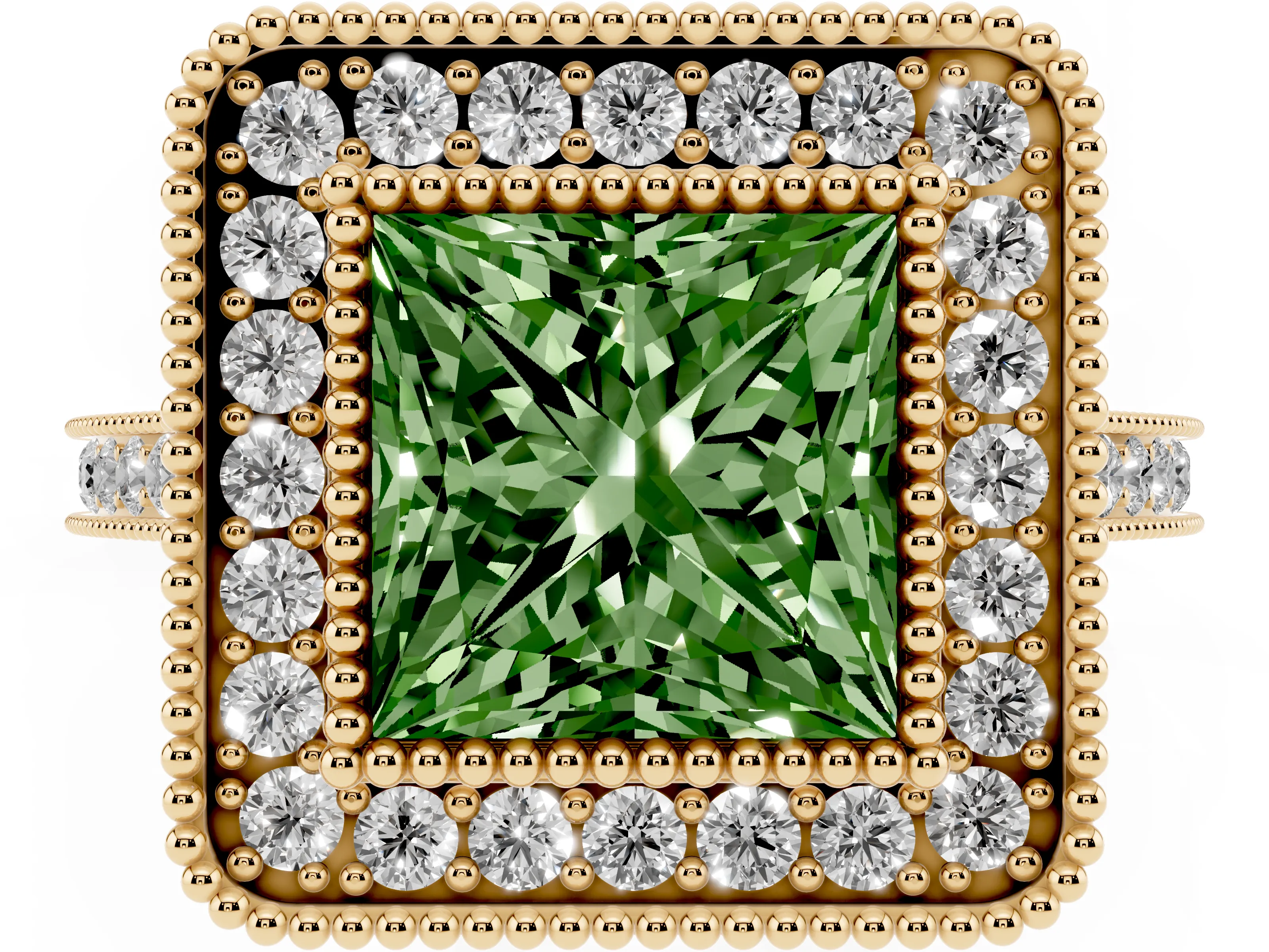 Fancy Green Princess Cut Diamond Halo Ring Set in Yellow gold with Milgrain Frame and Pavé Band