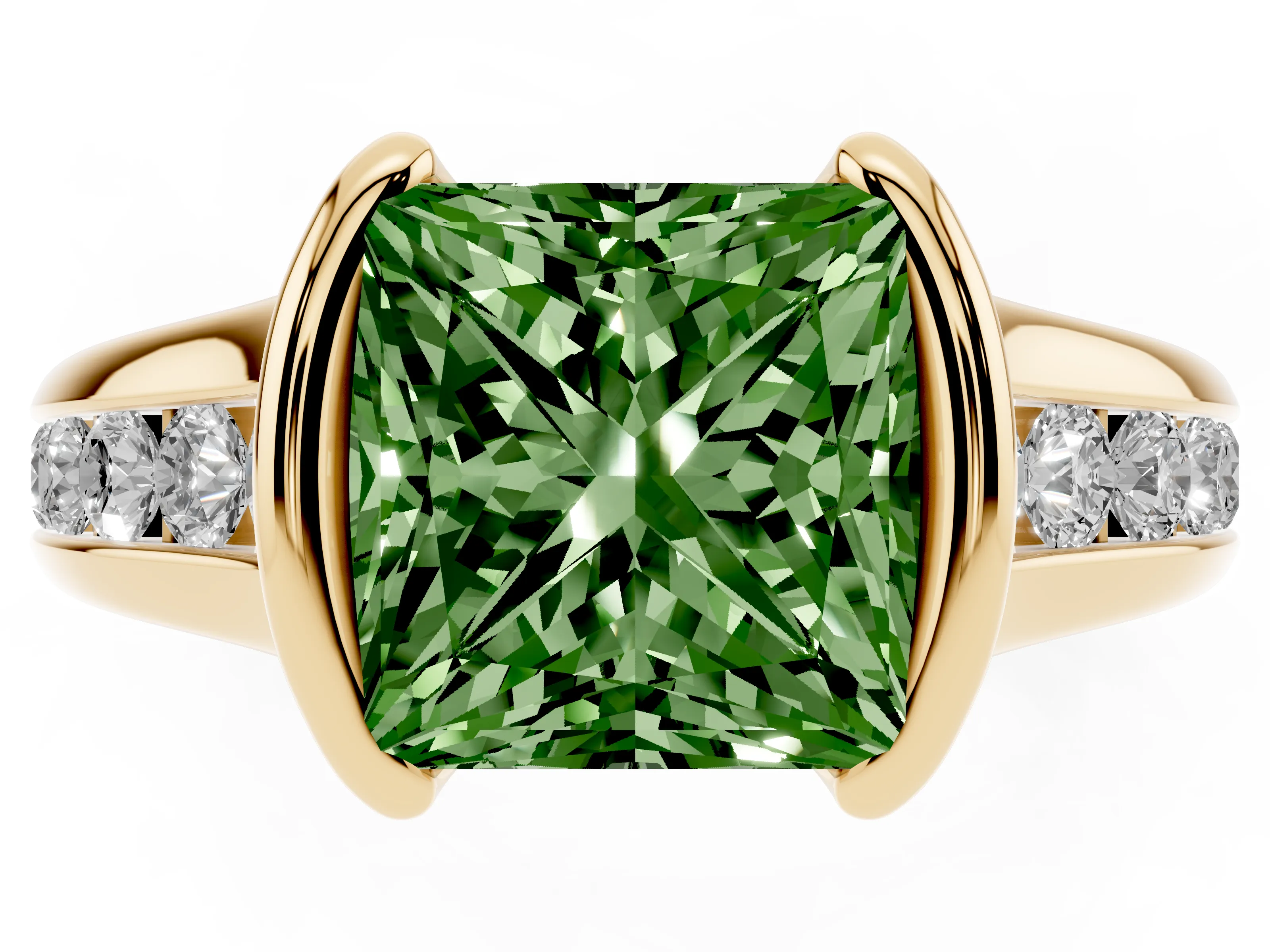 Fancy Green Princess Cut Diamond Bezel-Set Solitaire Ring Set in Yellow gold with Channel-Set Band
