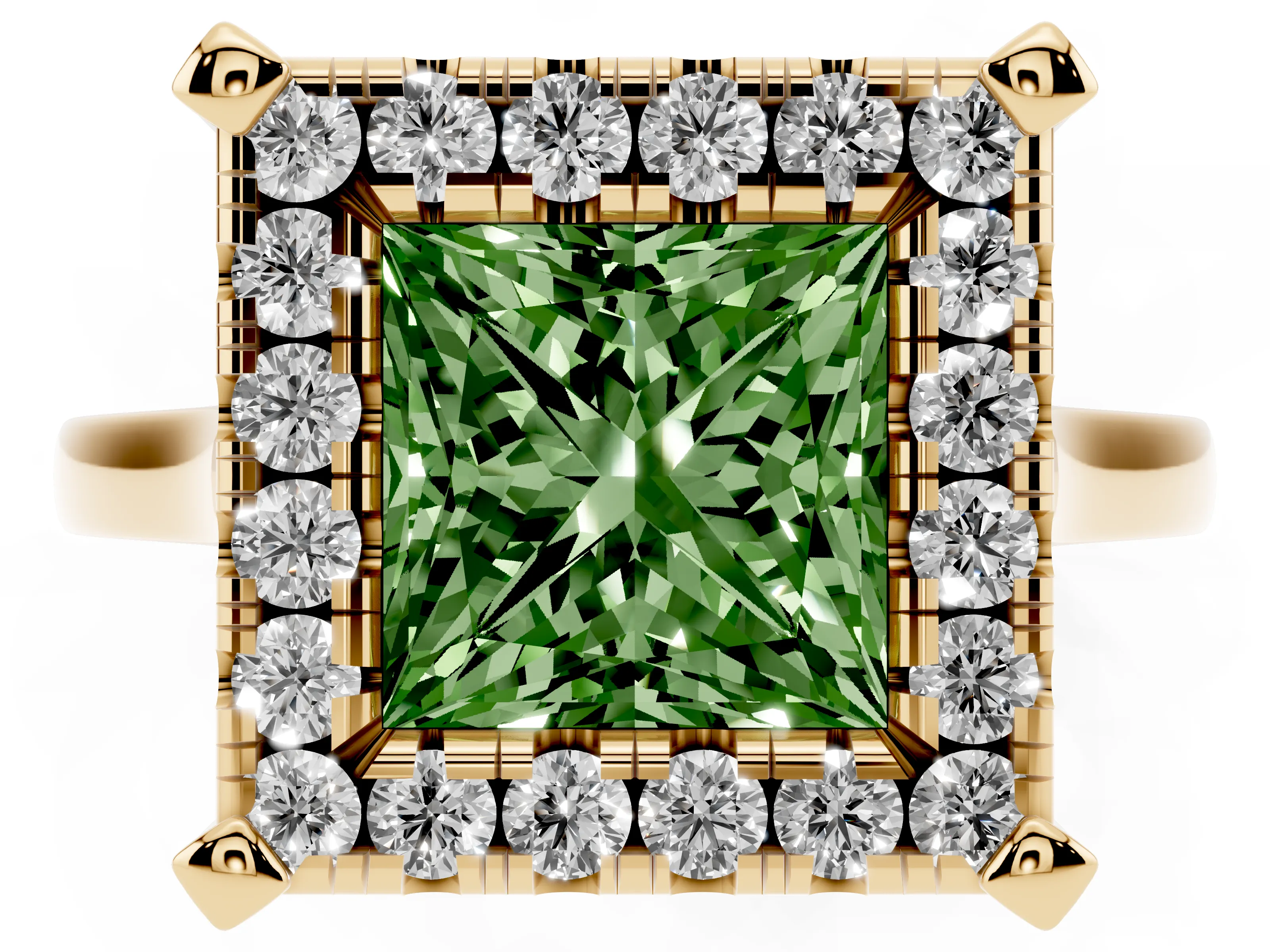 Fancy Green Princess Cut Diamond Cluster Halo Solitaire Ring Set in Yellow gold with Prong Setting