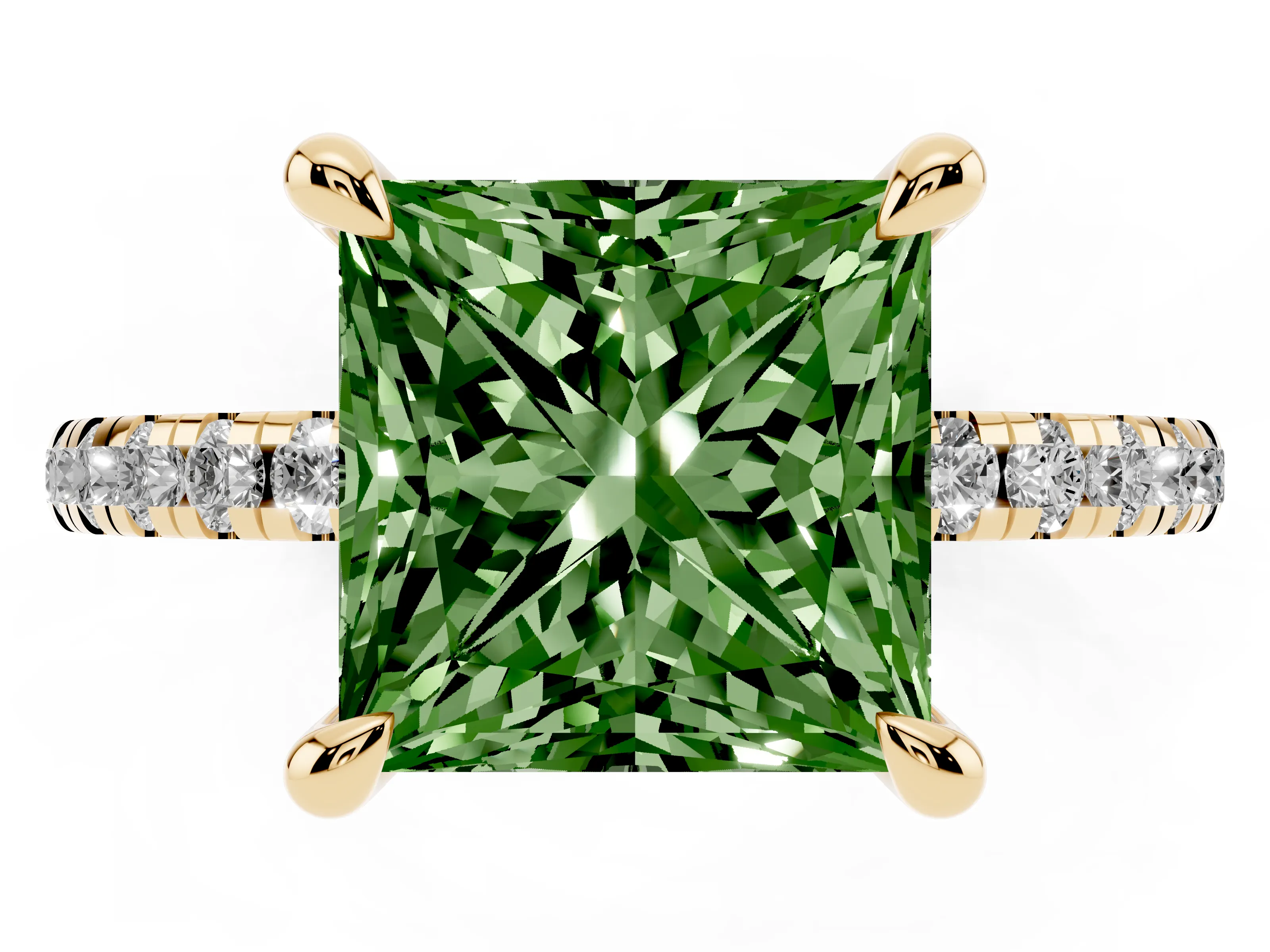 Fancy Green Princess Cut Diamond Brilliant Solitaire Ring Set in Yellow gold with Pavé Band and Prong Setting