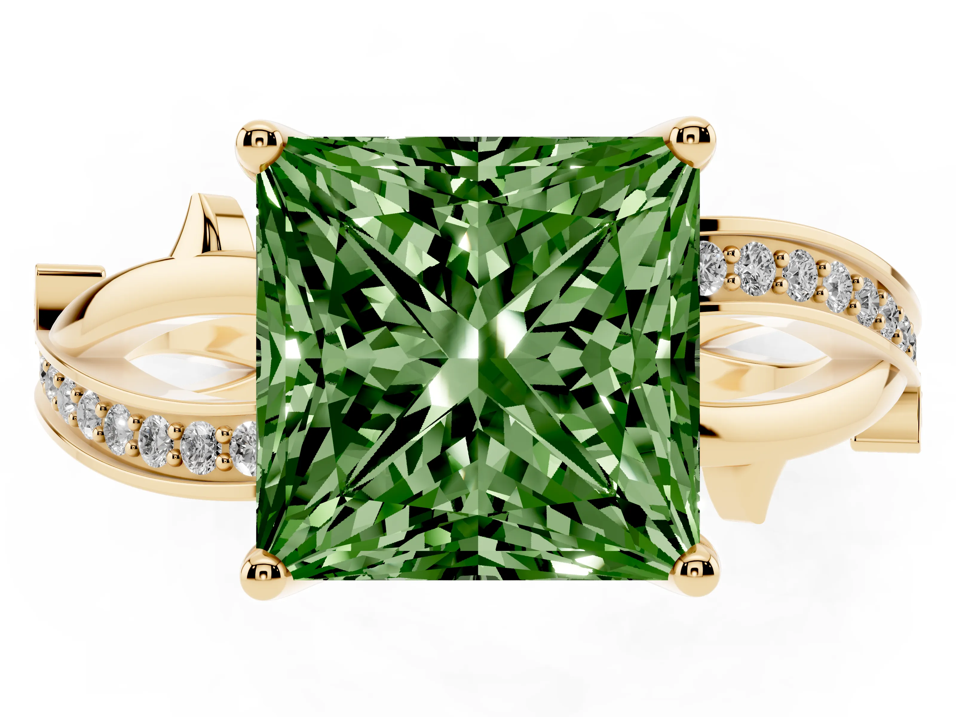 Fancy Green Princess Cut Diamond Pavé Twist Band Solitaire Ring Set in Yellow gold with Prong Setting