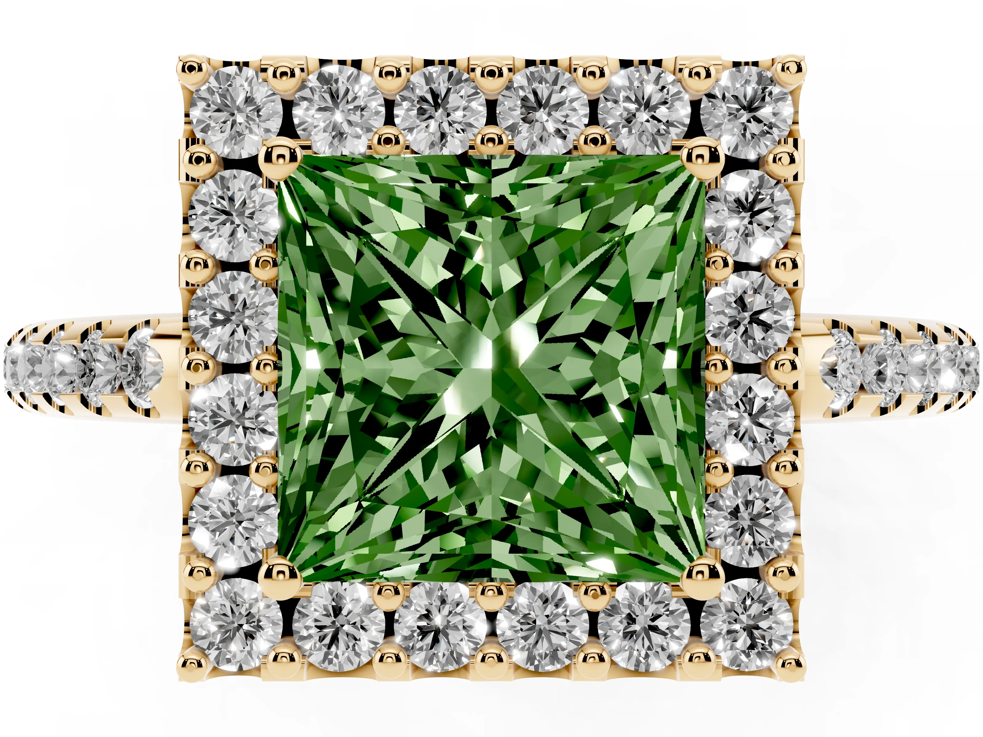 Fancy Green Princess Cut Diamond Pavé Halo Ring Set in Yellow gold with Prong Setting