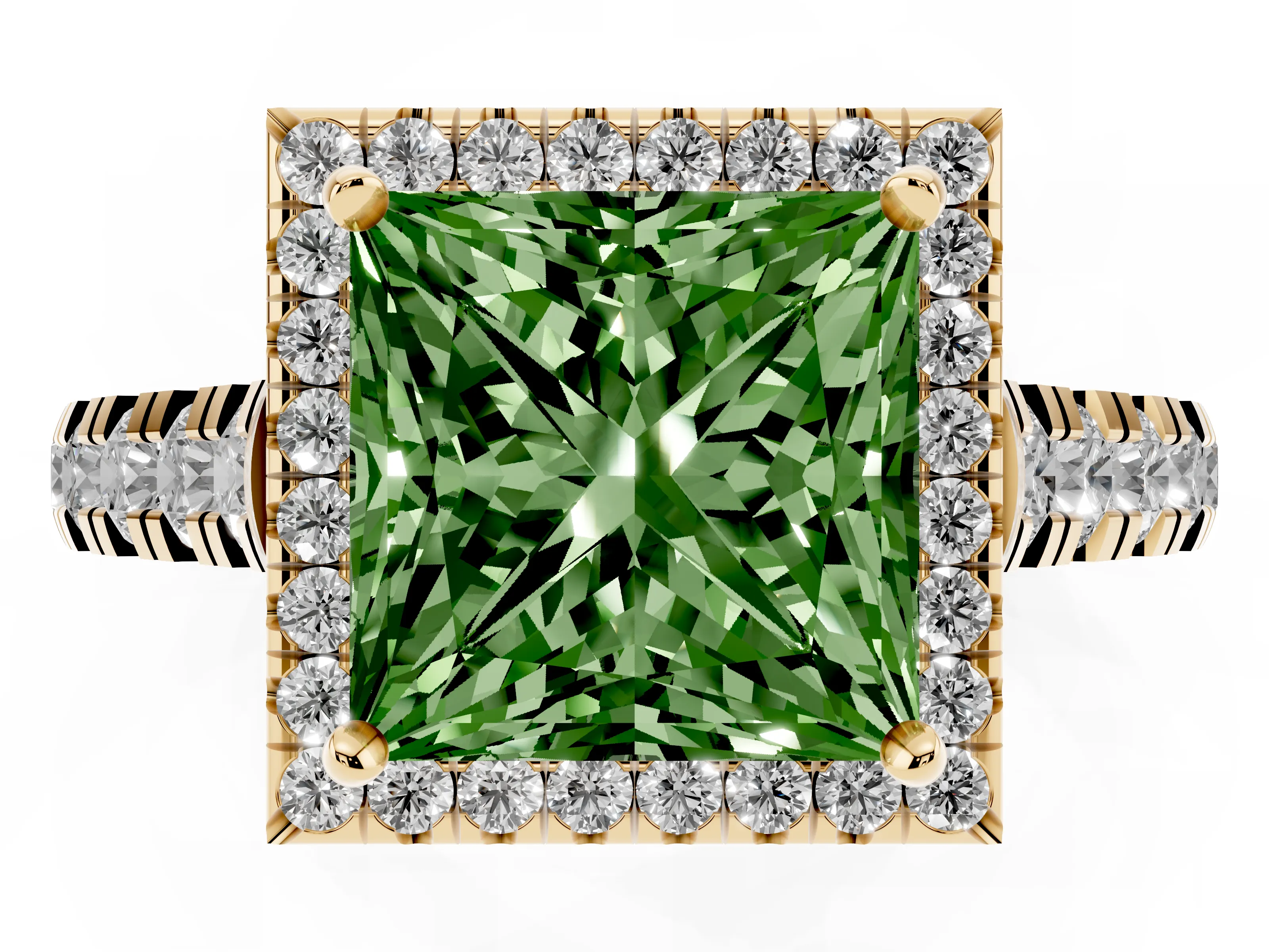 Fancy Green Princess Cut Diamond Halo Engagement Ring Set in Yellow gold with Pavé Band and Prong-Set Center