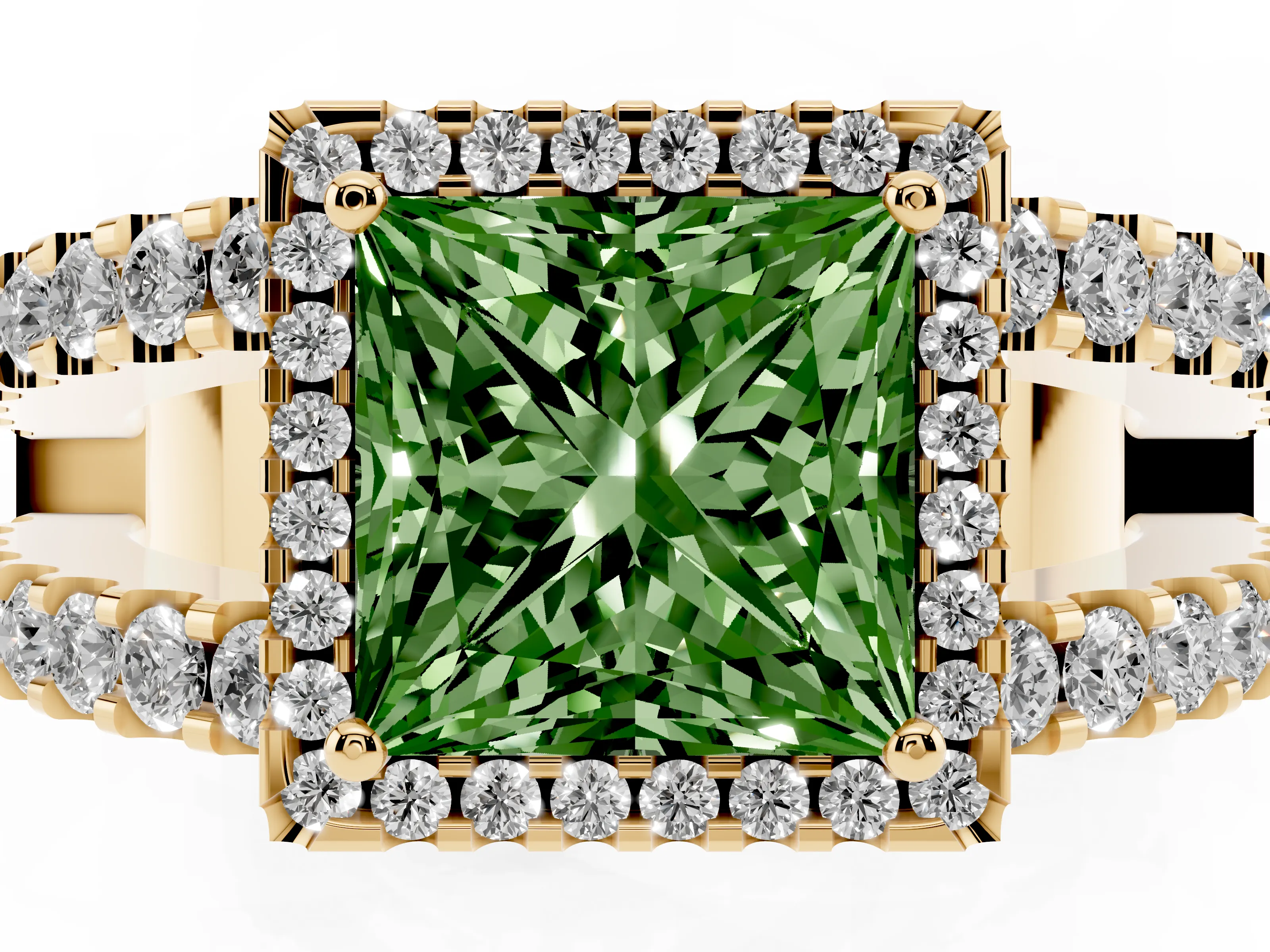 Fancy Green Princess Cut Diamond Halo Ring Set in Yellow gold with Pavé Split Shank and Prong Setting