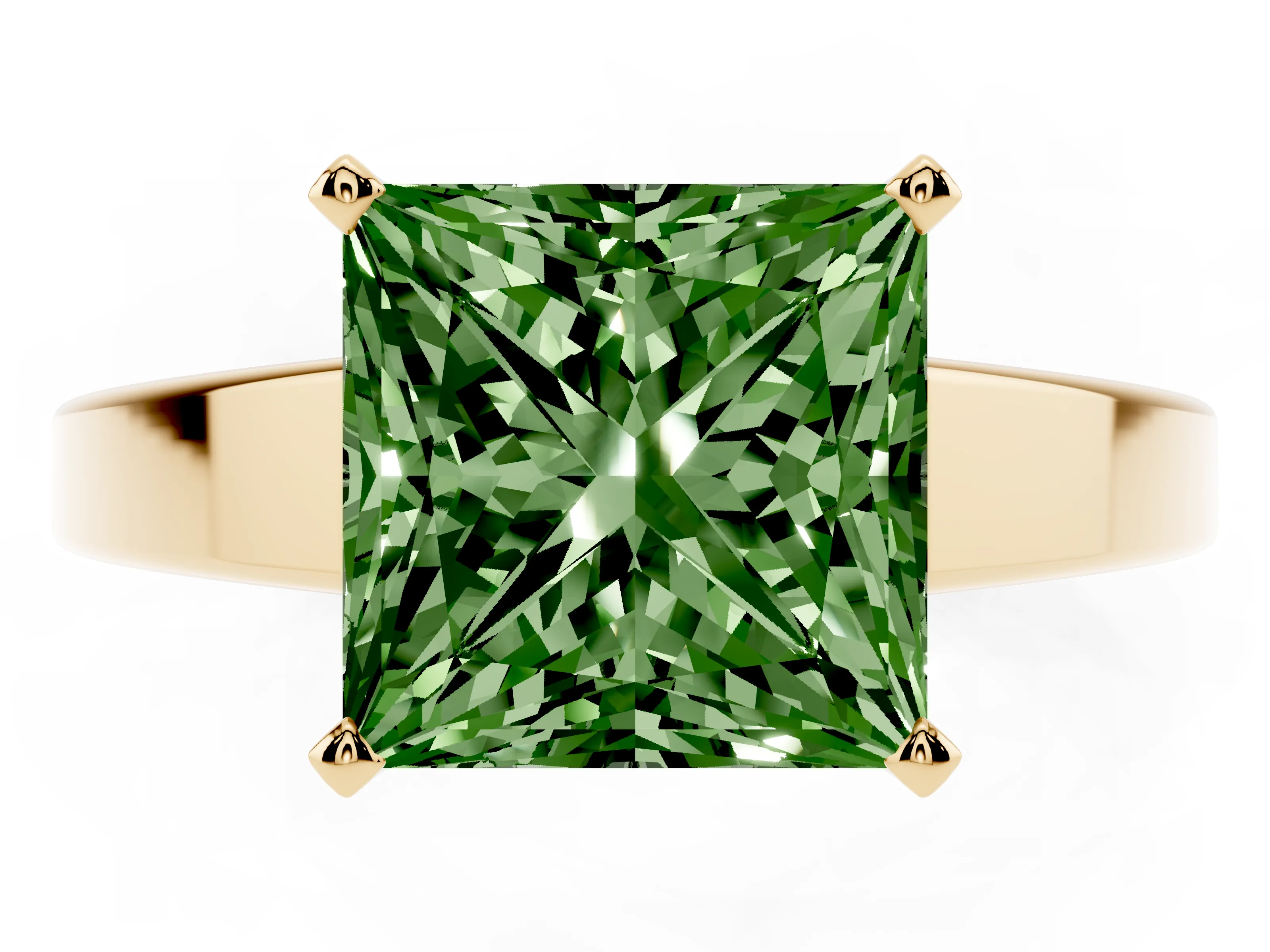 Fancy Green Princess Cut Diamond Solitaire Engagement Ring Set in Yellow gold with Prong Setting and Tapered Band