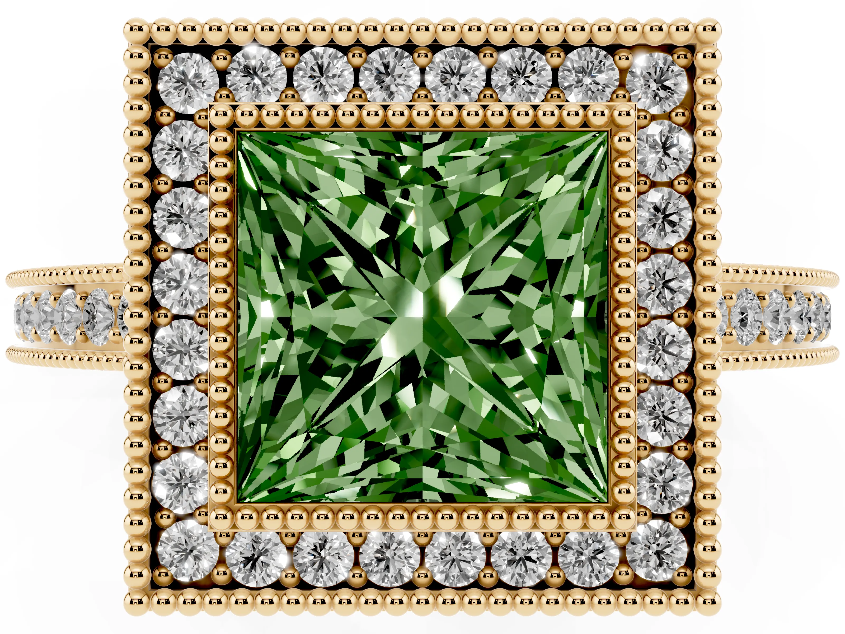 Fancy Green Princess Cut Diamond Halo Ring Set in Yellow gold with Pavé Band and Milgrain-Edged Prongs