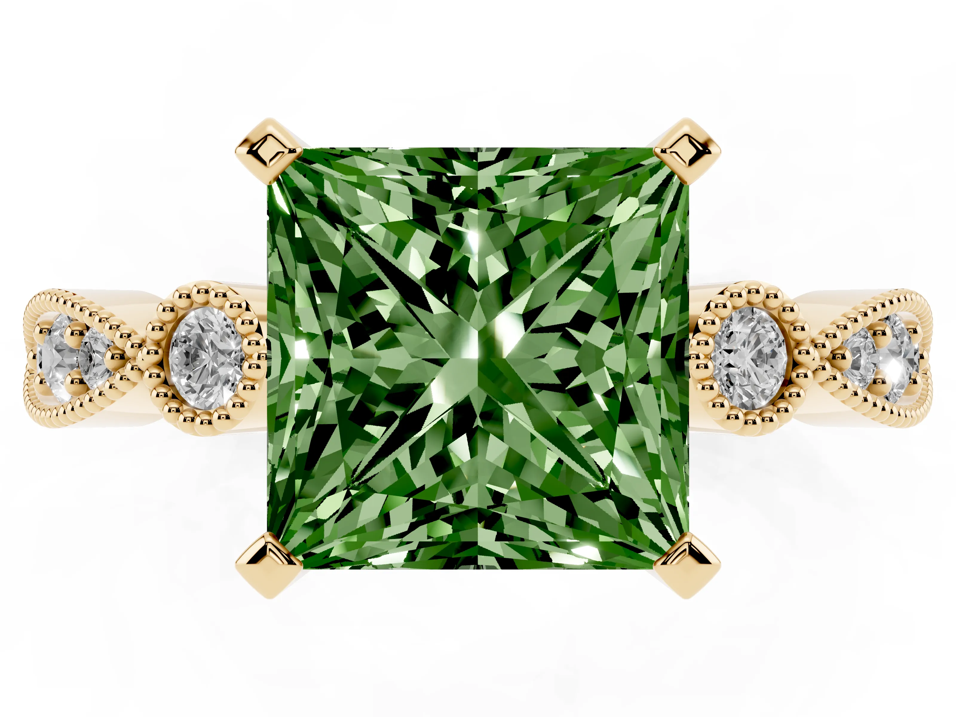 Fancy Green Princess Cut Diamond Solitaire Engagement Ring Set in Yellow gold with Milgrain Bezel Accent Band