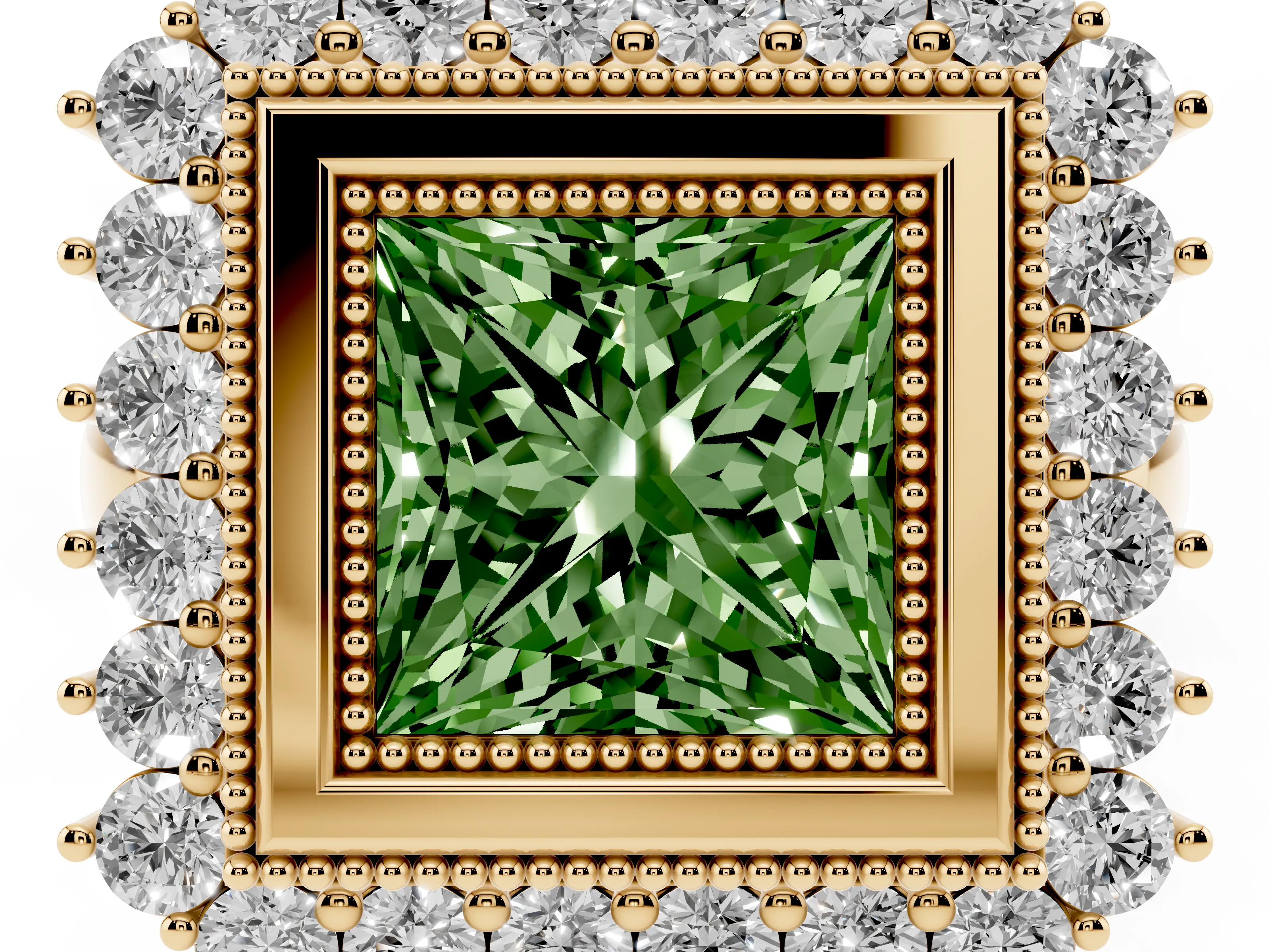Fancy Green Princess Cut Diamond Halo Ring Set in Yellow gold with Milgrain Edge and Round Prong Setting