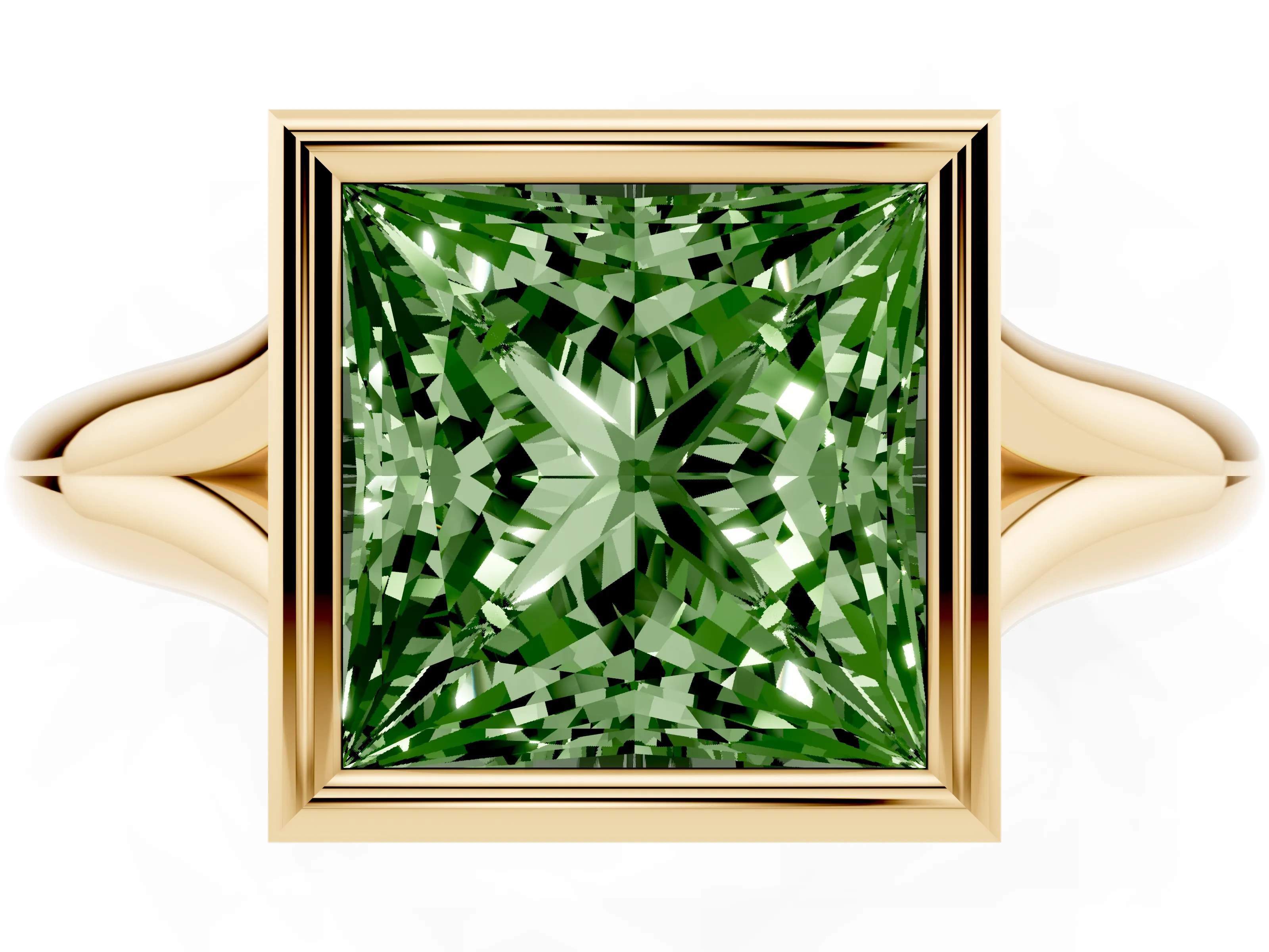 Fancy Green Bezel Set Princess Cut Diamond Solitaire Ring Set in Yellow gold with Smooth Band