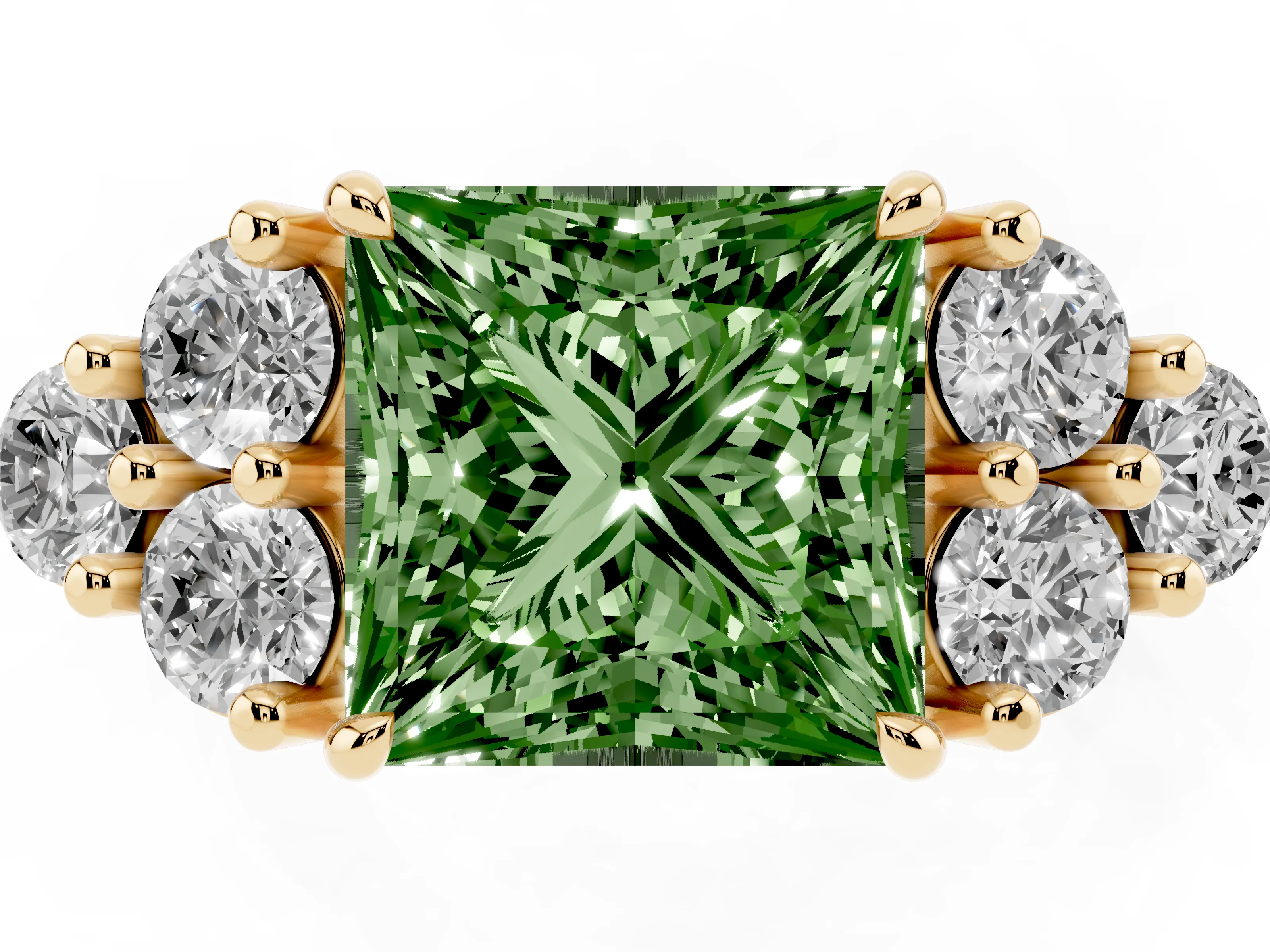 Fancy Green Princess Cut Diamond Solitaire Ring Set in Yellow gold with Cluster Accents on Each Side