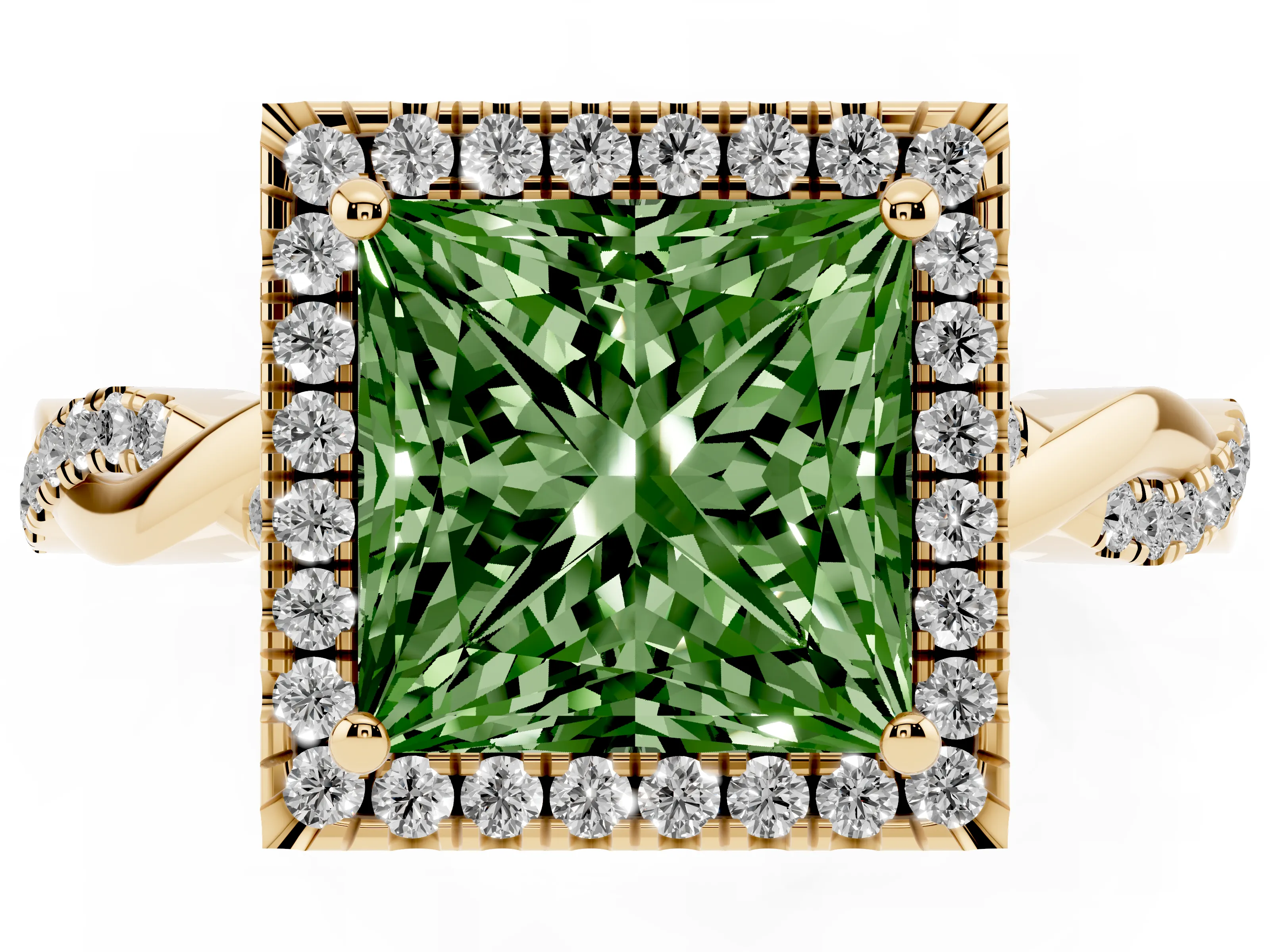 Fancy Green Princess Cut Diamond Halo Twisted Band Ring Set in Yellow gold with Prong Setting