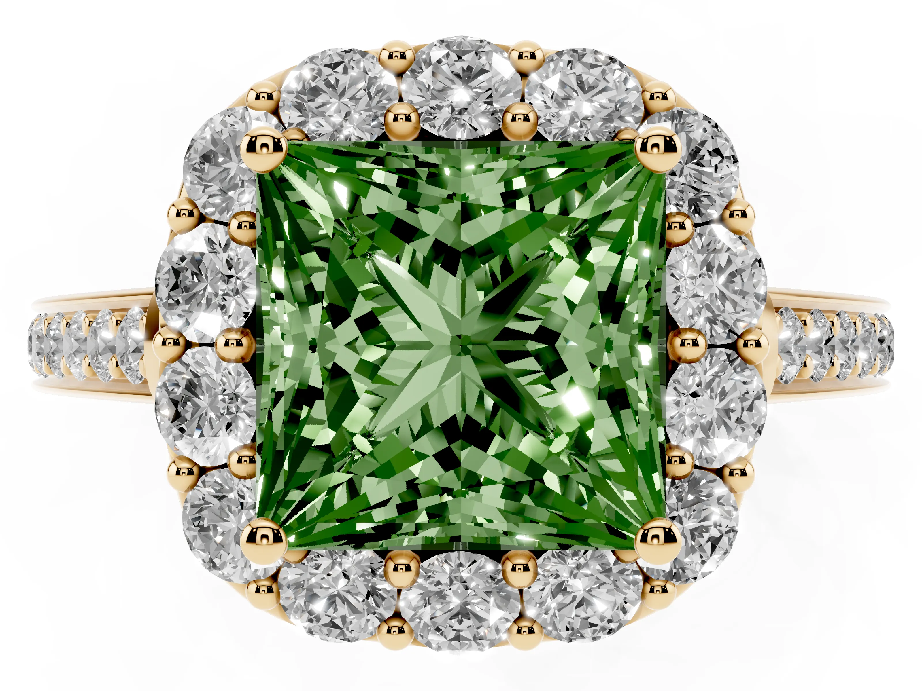 Fancy Green Princess Cut Diamond Floral Halo Ring Set in Yellow gold with Pavé Band and Prong Setting