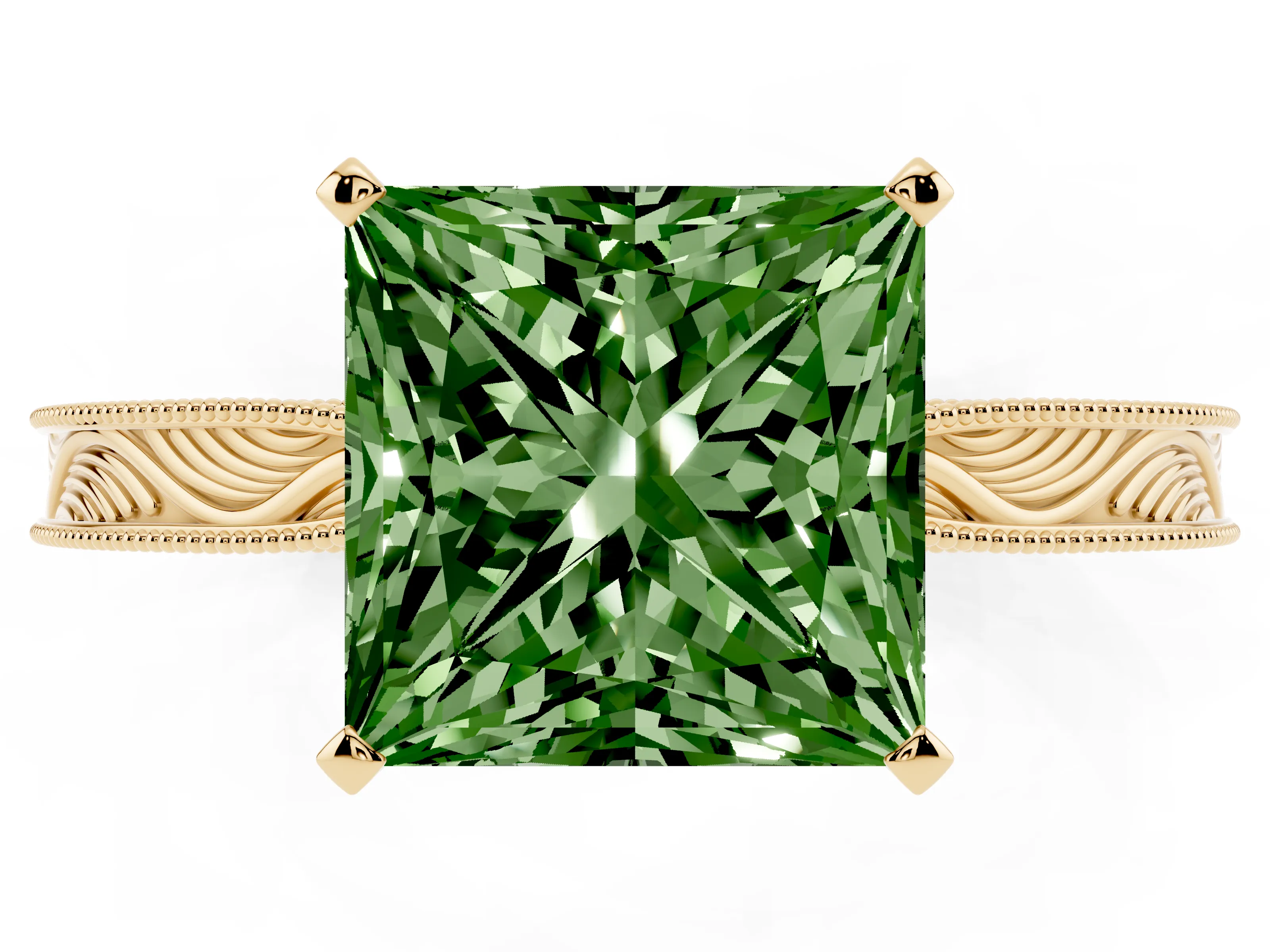 Fancy Green Princess Cut Diamond Solitaire Milgrain Engraved Band Set in Yellow gold with Prong Setting