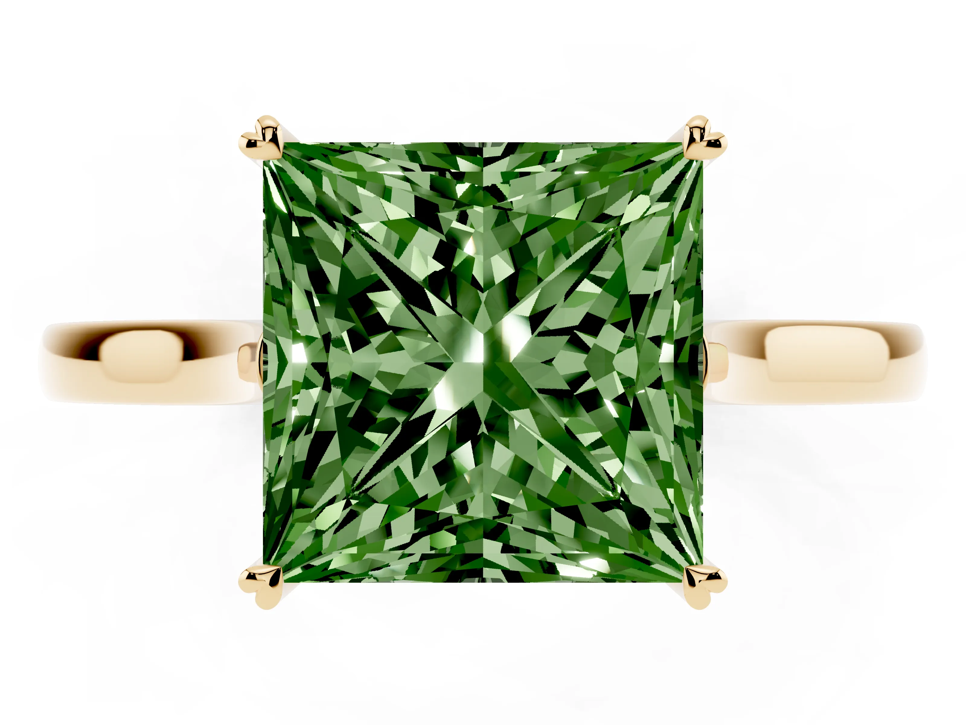 Fancy Green Princess Cut Diamond Solitaire Heart Prong Engagement Ring Set in Yellow gold with Tapered Band
