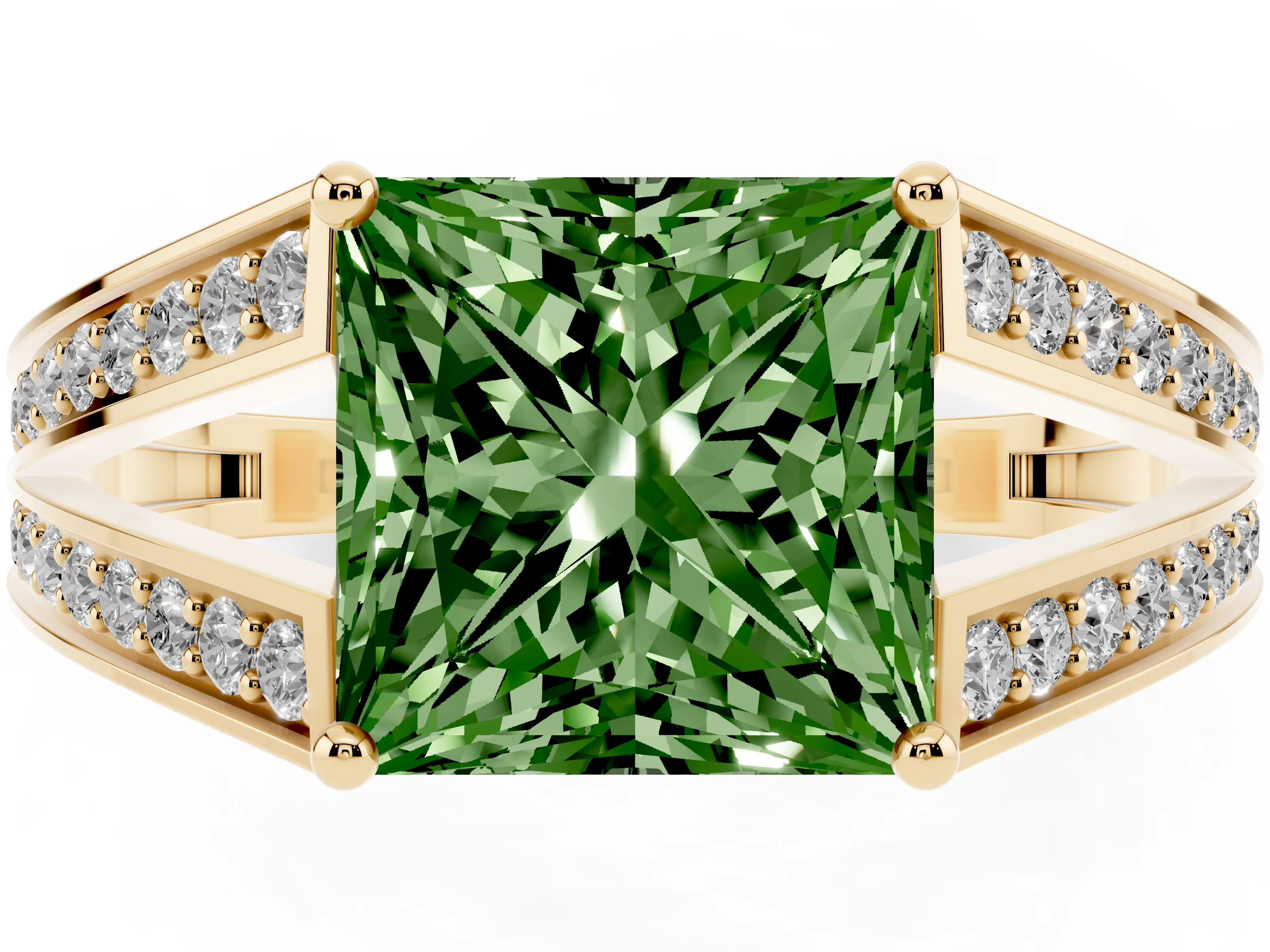 Fancy Green Princess Cut Diamond Split Shank Ring Set in Yellow gold with Pavé Band and Prong Setting