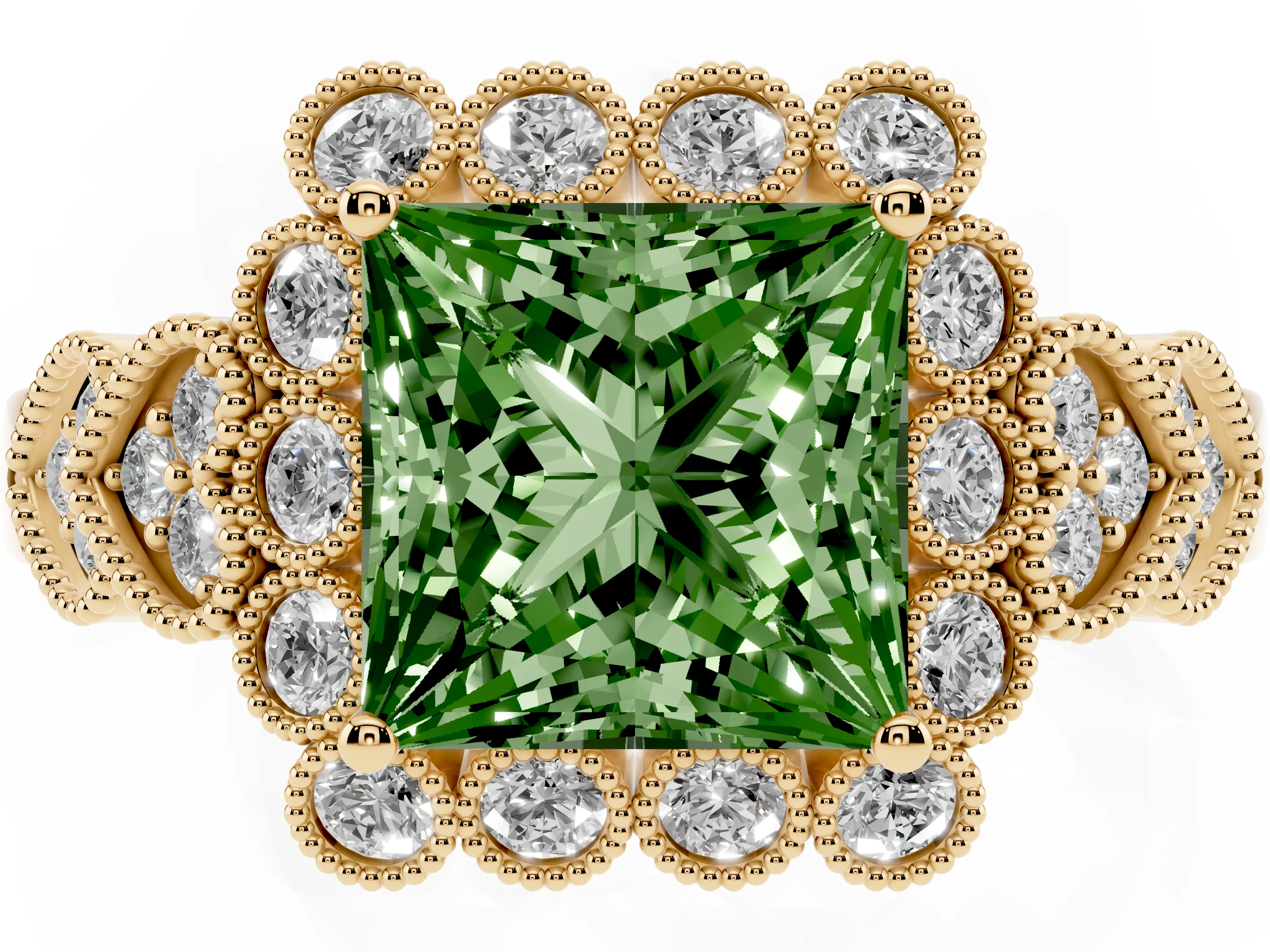 Fancy Green Princess Cut Diamond Solitaire Ring Set in Yellow gold with Milgrain Pavé Heart Band