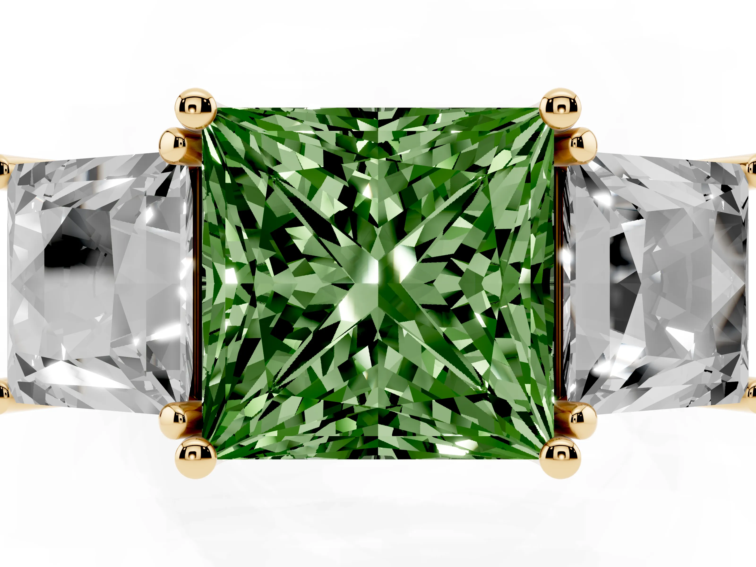 Fancy Green Princess Cut Diamond Three-Stone Ring Set in Yellow gold with Pavé Band