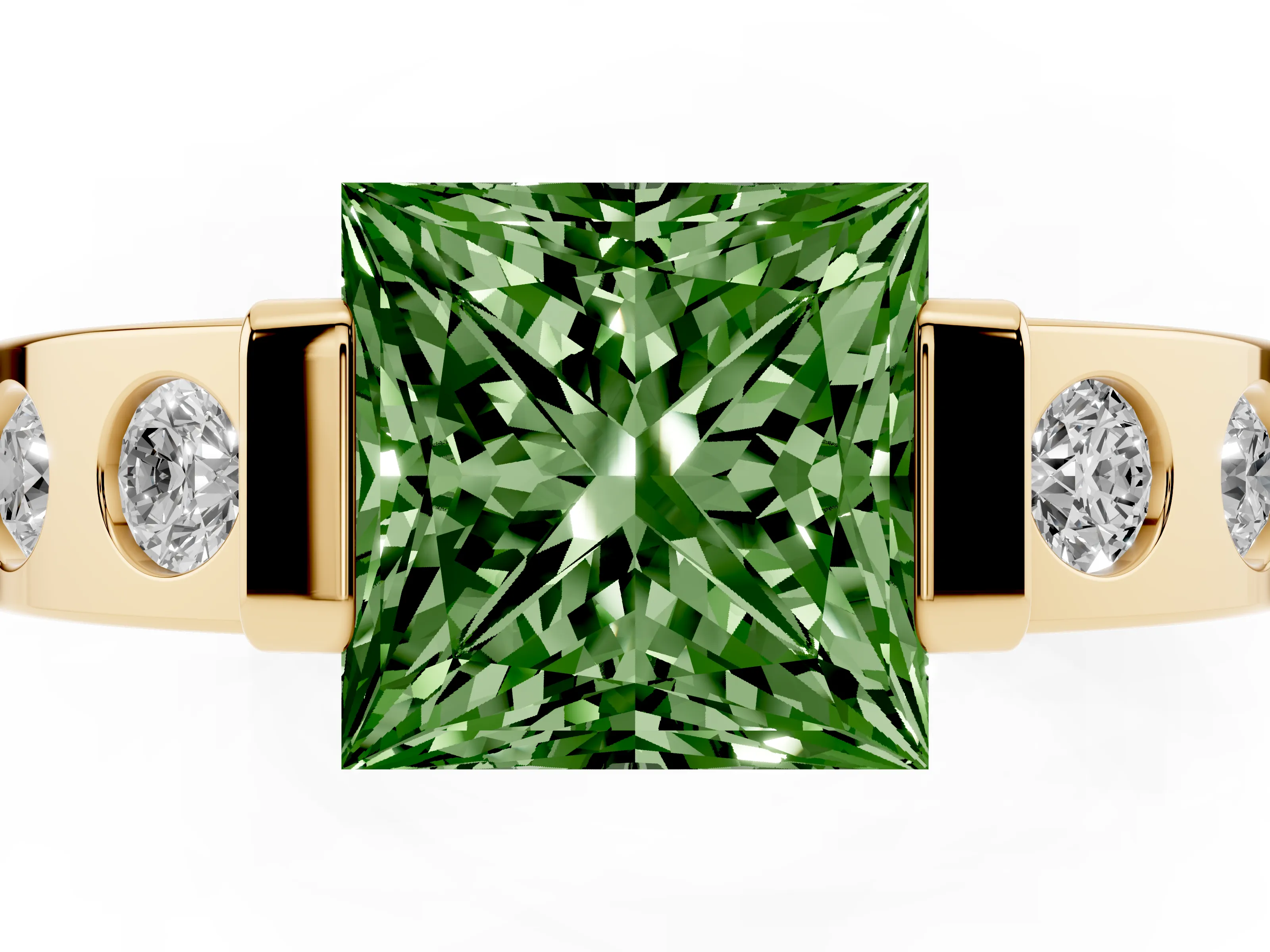 Fancy Green Princess Cut Diamond Channel-Set Band Ring Set in Yellow gold with Bezel Prong Setting