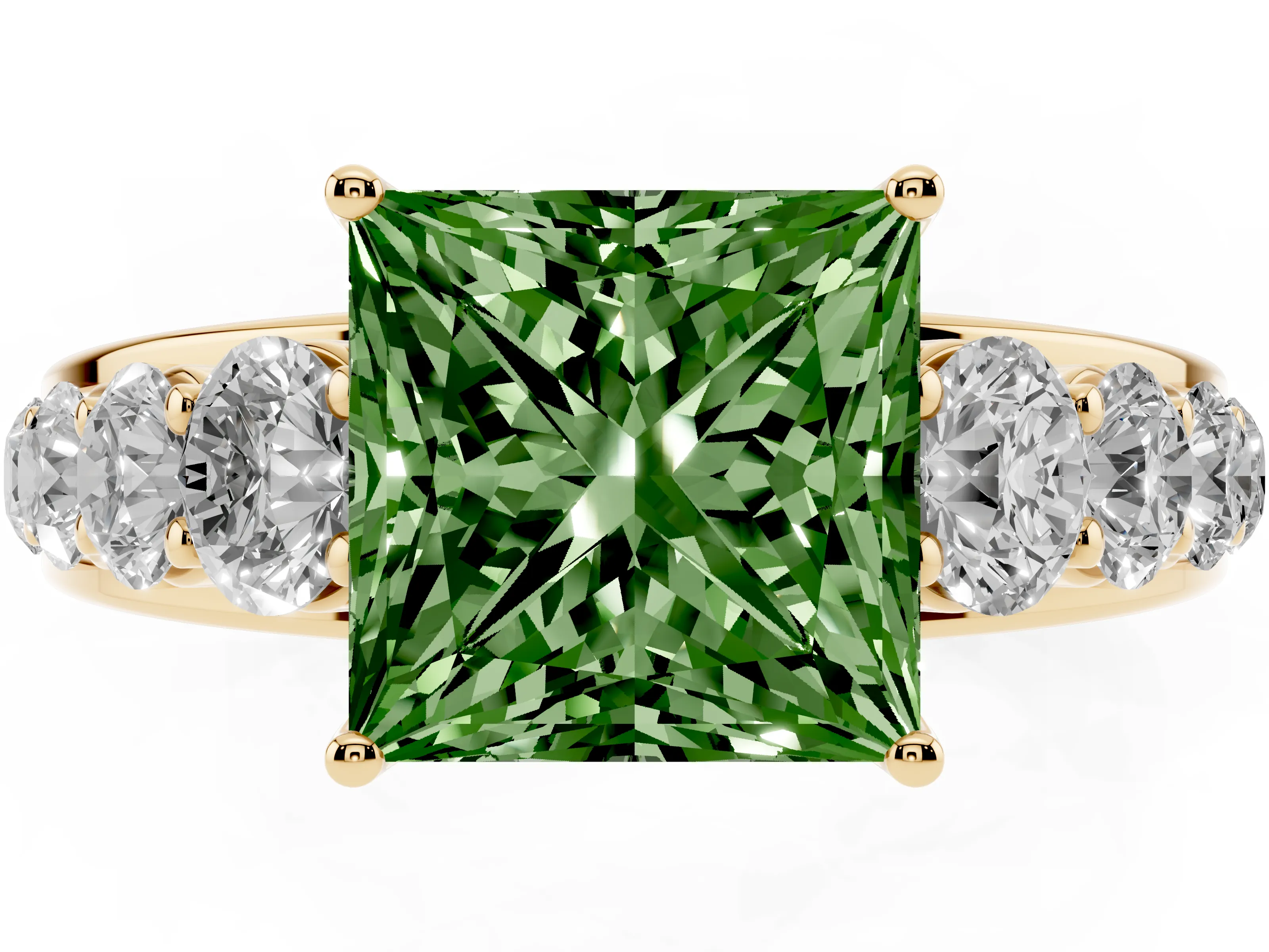 Fancy Green Princess Cut Diamond Solitaire Ring Set in Yellow gold with Pavé-Set Band and Prong Setting