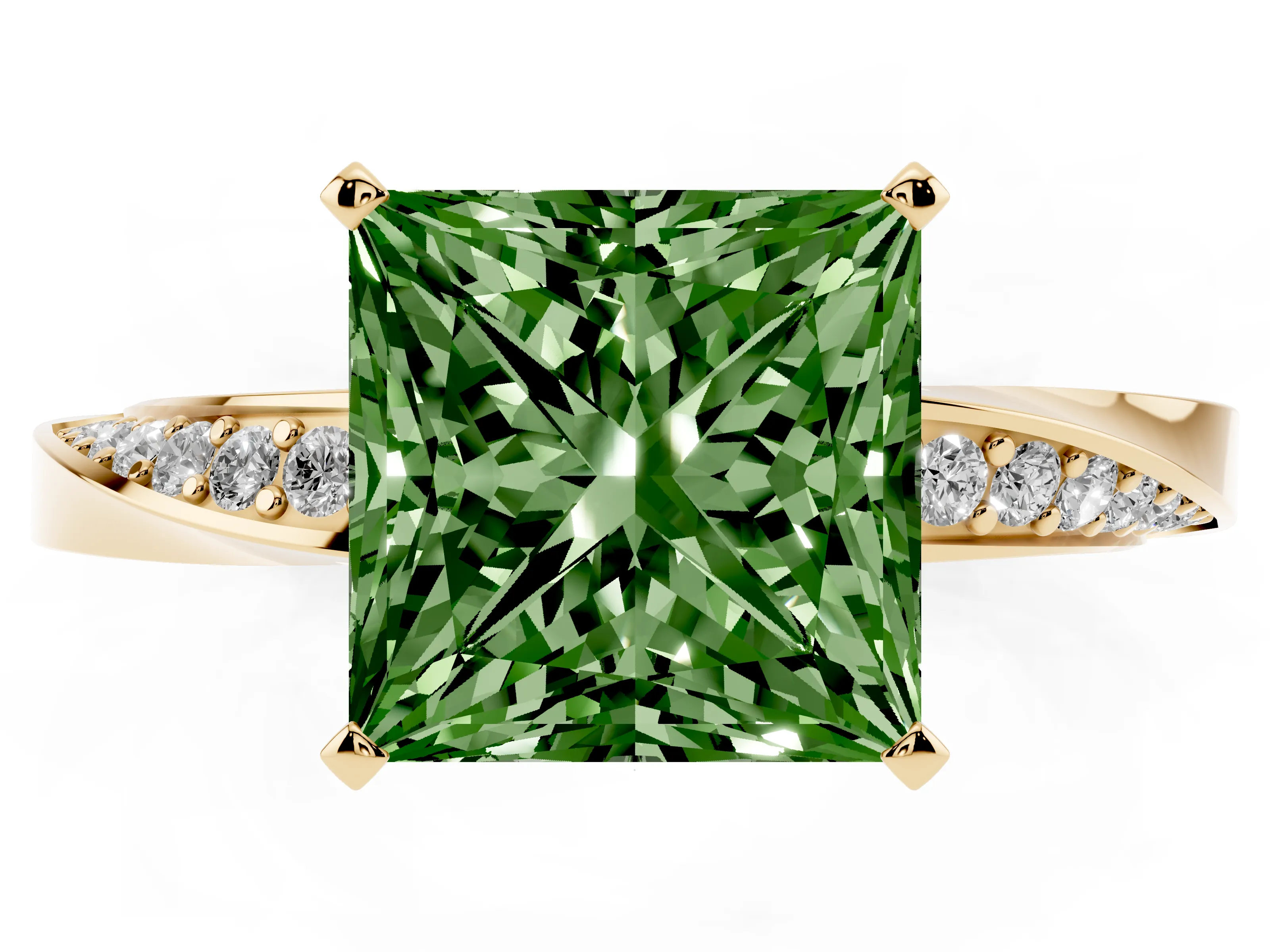 Fancy Green Princess Cut Diamond Engagement Ring Set in Yellow gold with Side Stone Accents and Prong Setting