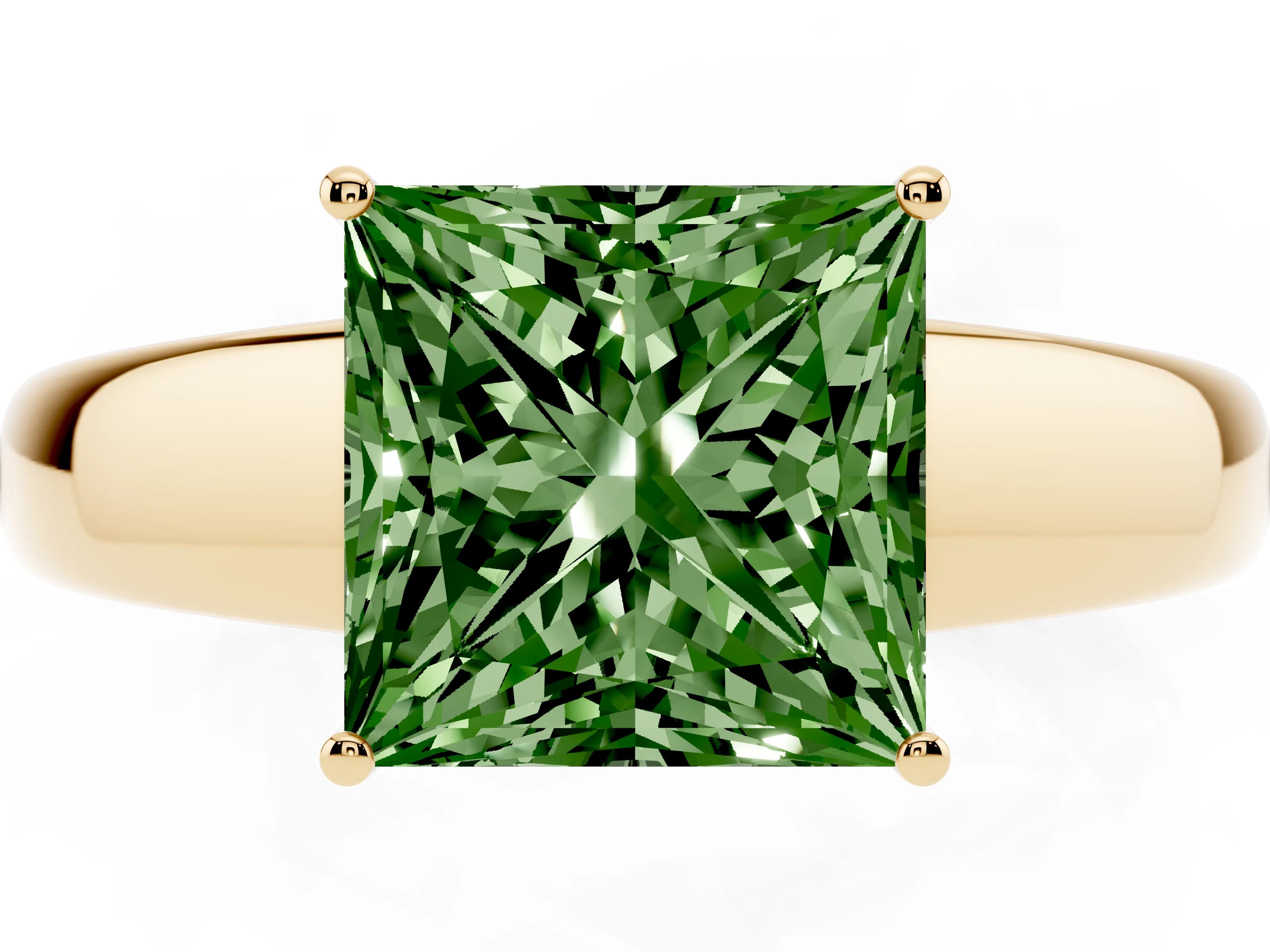 Fancy Green Princess Cut Diamond Solitaire Ring Set in Yellow gold with Tapered Band and Prong Setting