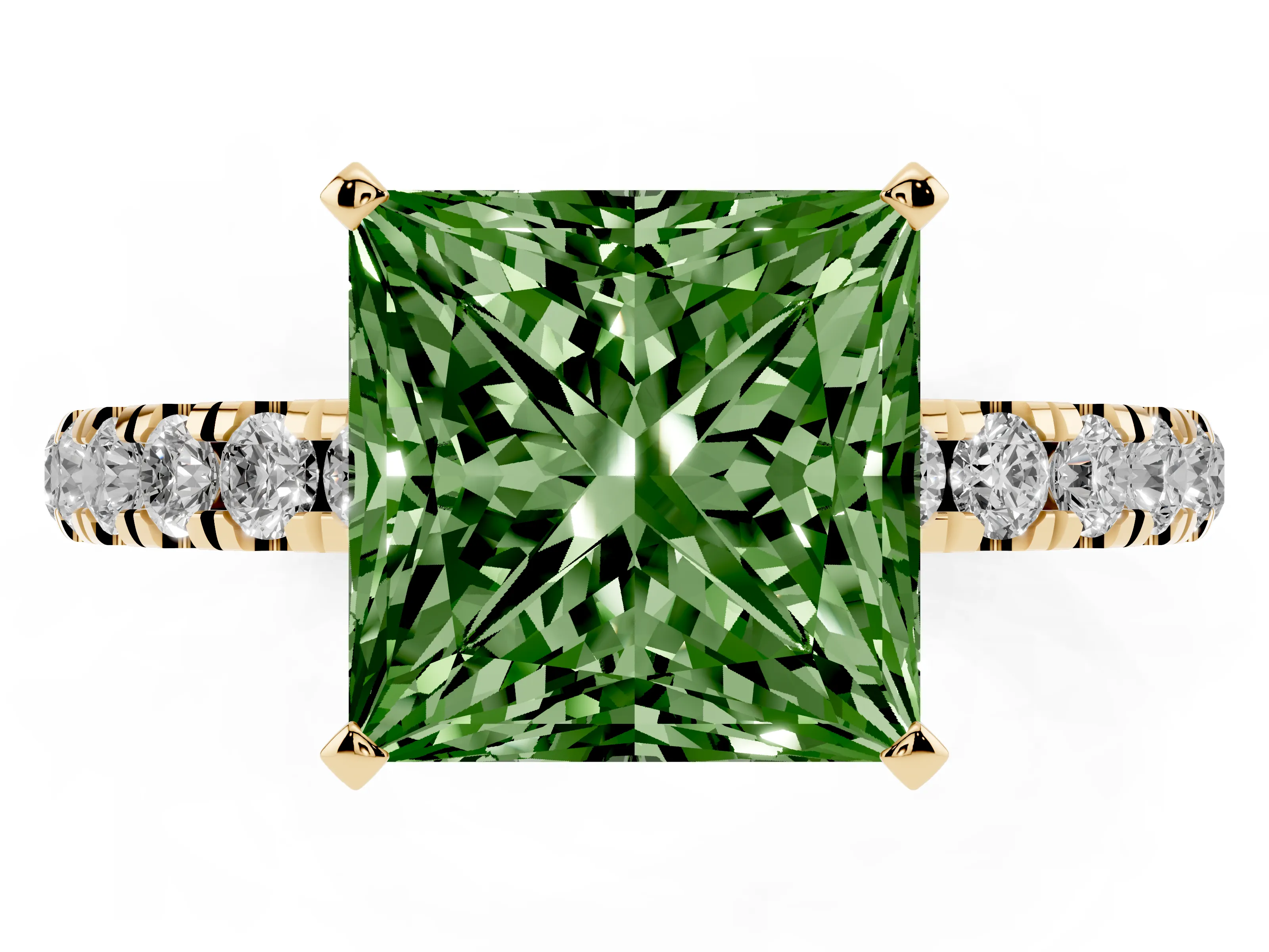 Fancy Green Princess Cut Diamond Solitaire Ring Set in Yellow gold with Pavé Accents and Prong Setting