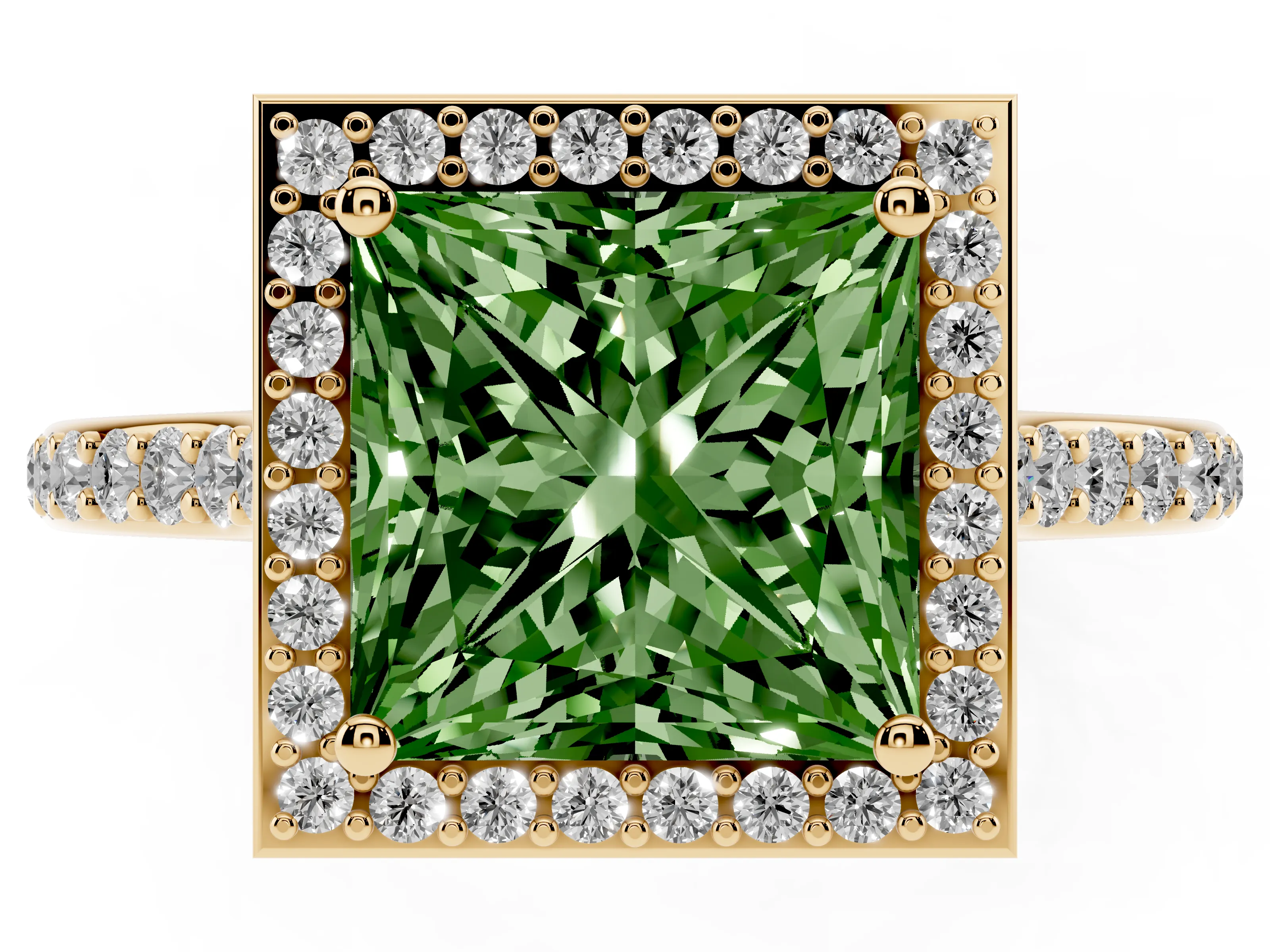 Fancy Green Princess Cut Diamond Halo Engagement Ring Set in Yellow gold with Round Pavé Shoulders and Heart Gallery