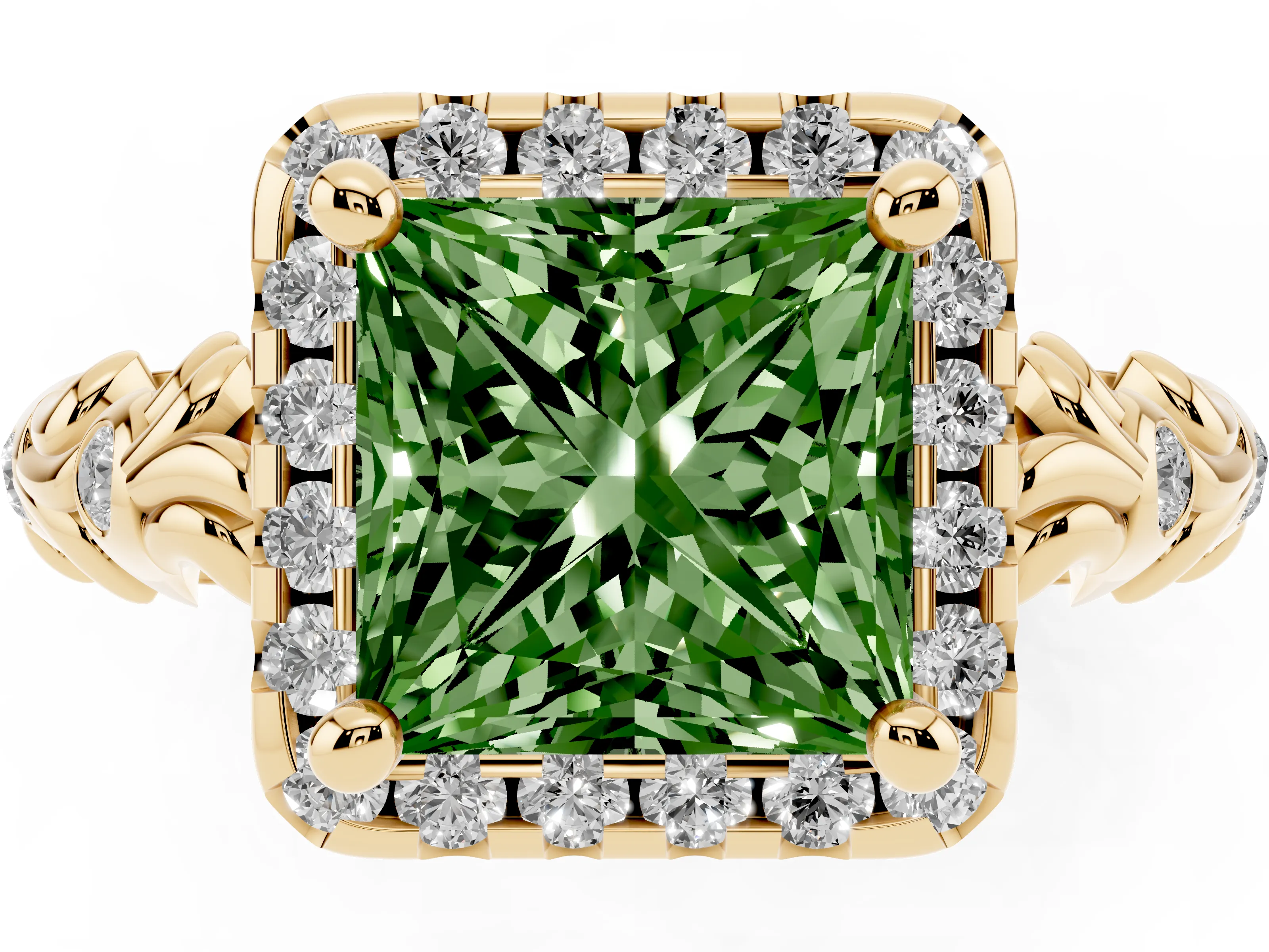 Fancy Green Princess Cut Diamond Halo Ring Set in Yellow gold with Filigree Leaf Band and Prong Setting