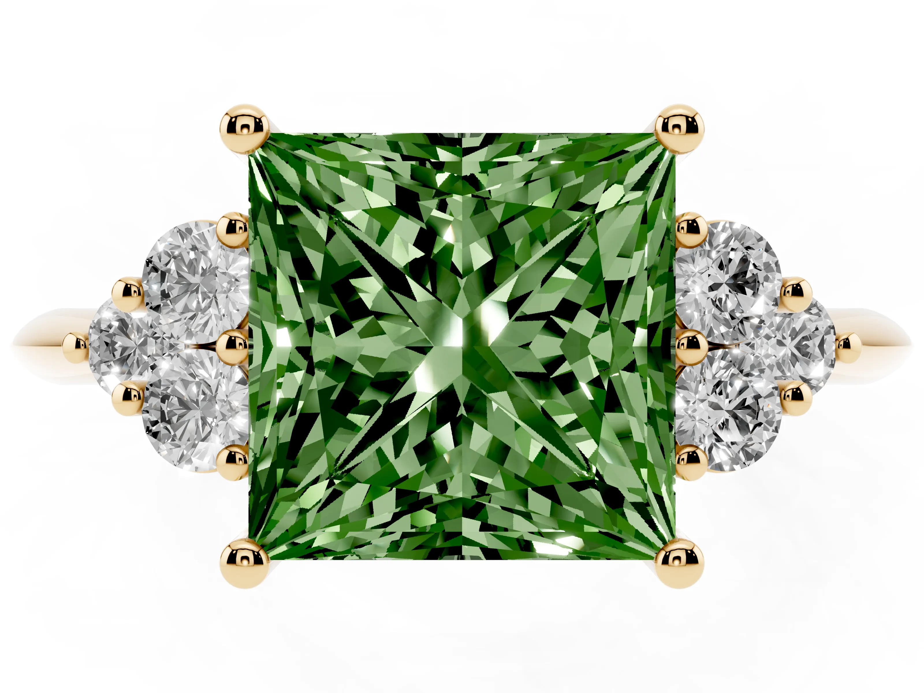 Fancy Green Princess Cut Diamond Cluster Ring Set in Yellow gold with Plain Band and Prong Setting