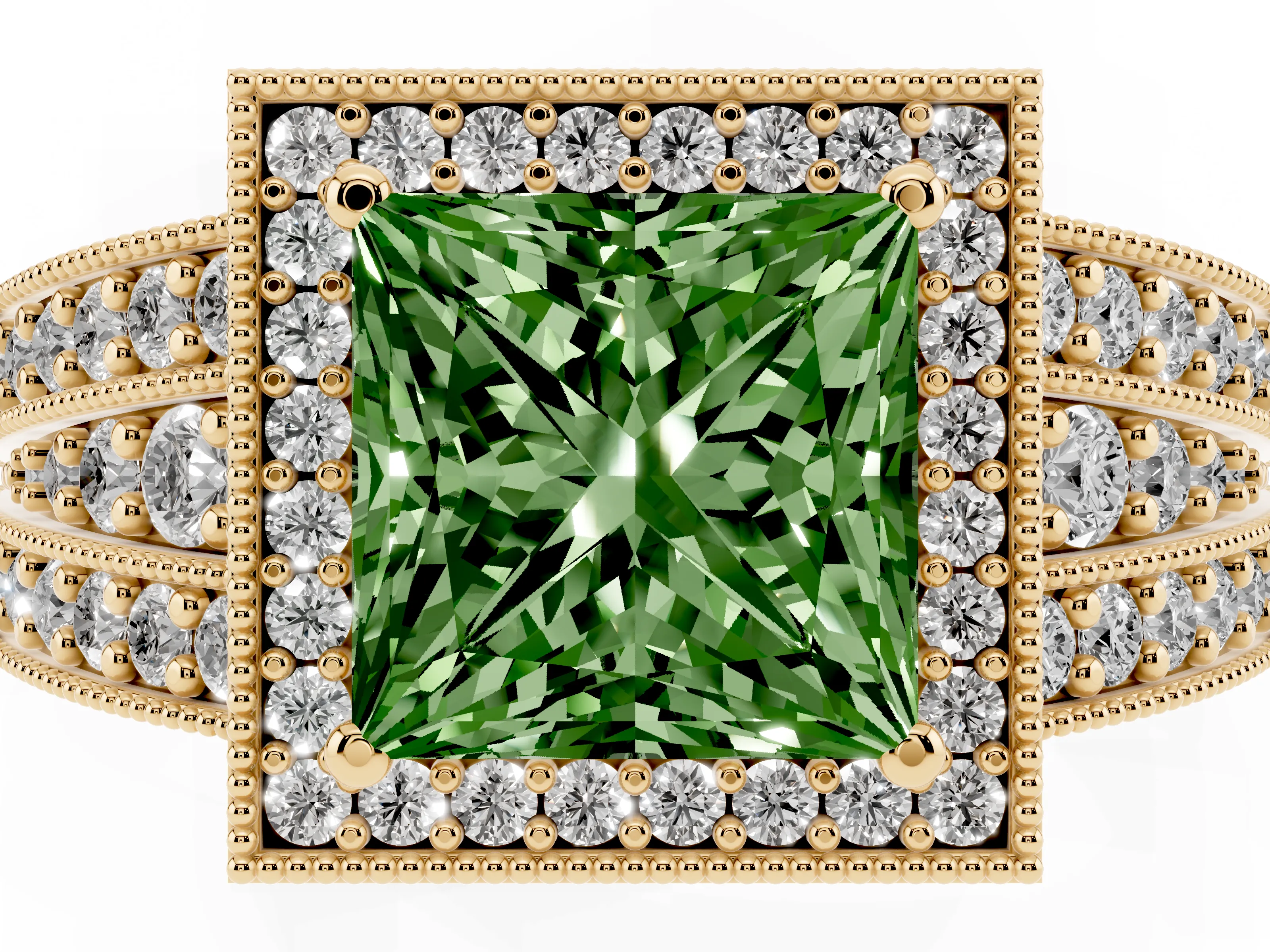 Fancy Green Princess Cut Diamond Halo Ring Set in Yellow gold with Accent Split Shank and Prong Setting
