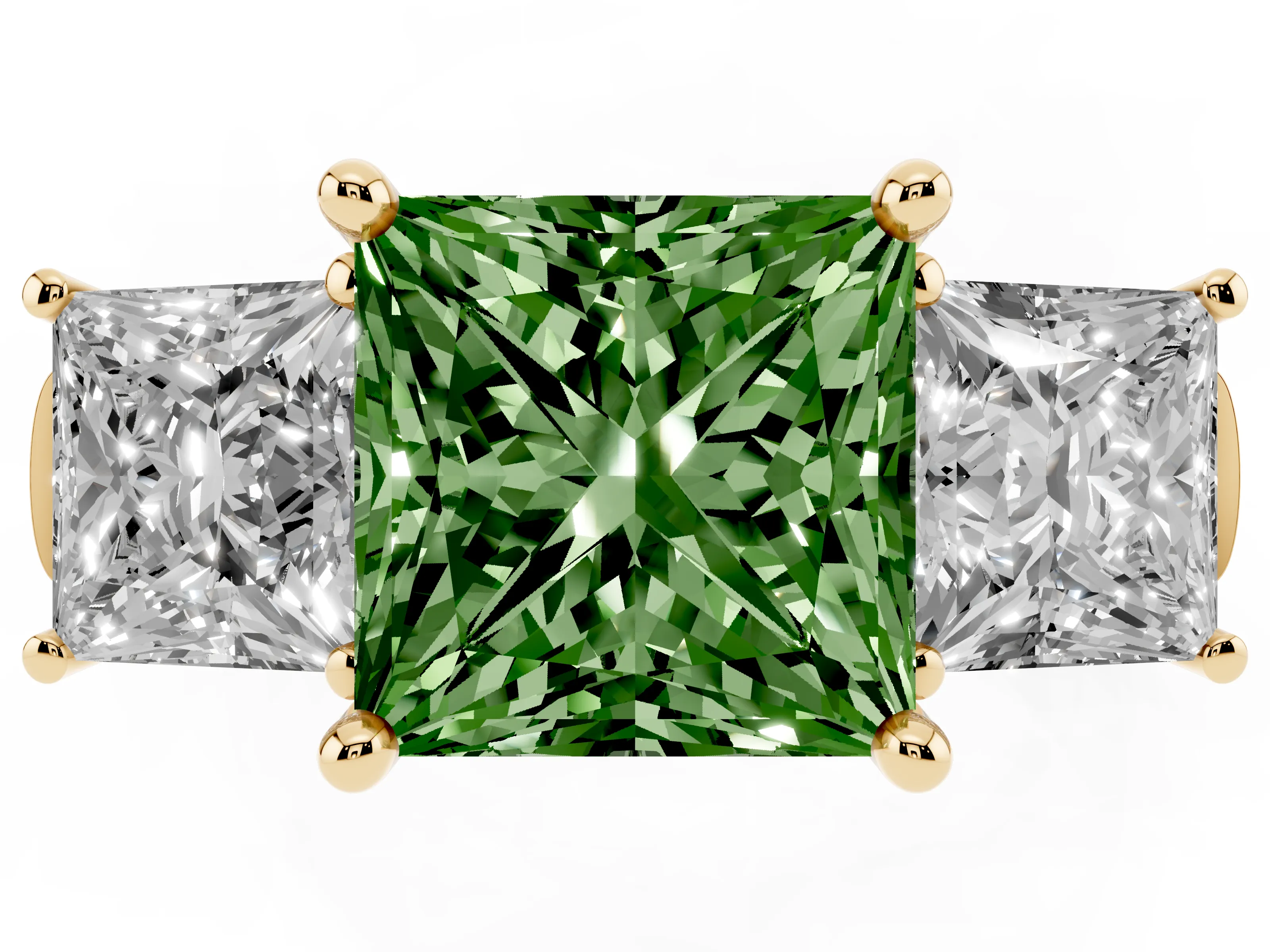 Fancy Green Princess Cut Diamond Three-Stone Trellis Ring Set in Yellow gold with Comfort Fit Band
