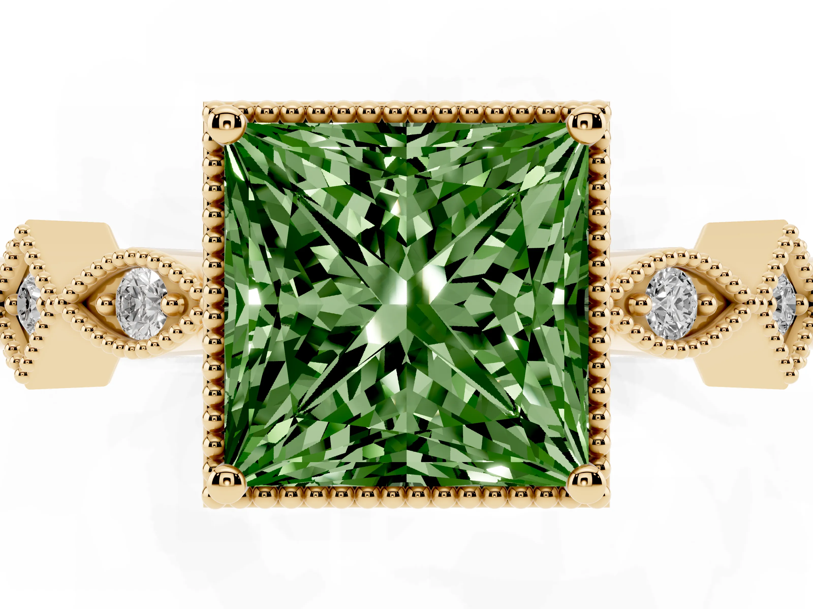 Fancy Green Princess Cut Diamond Milgrain Marquise Twist Band Ring Set in Yellow gold with Prong Setting