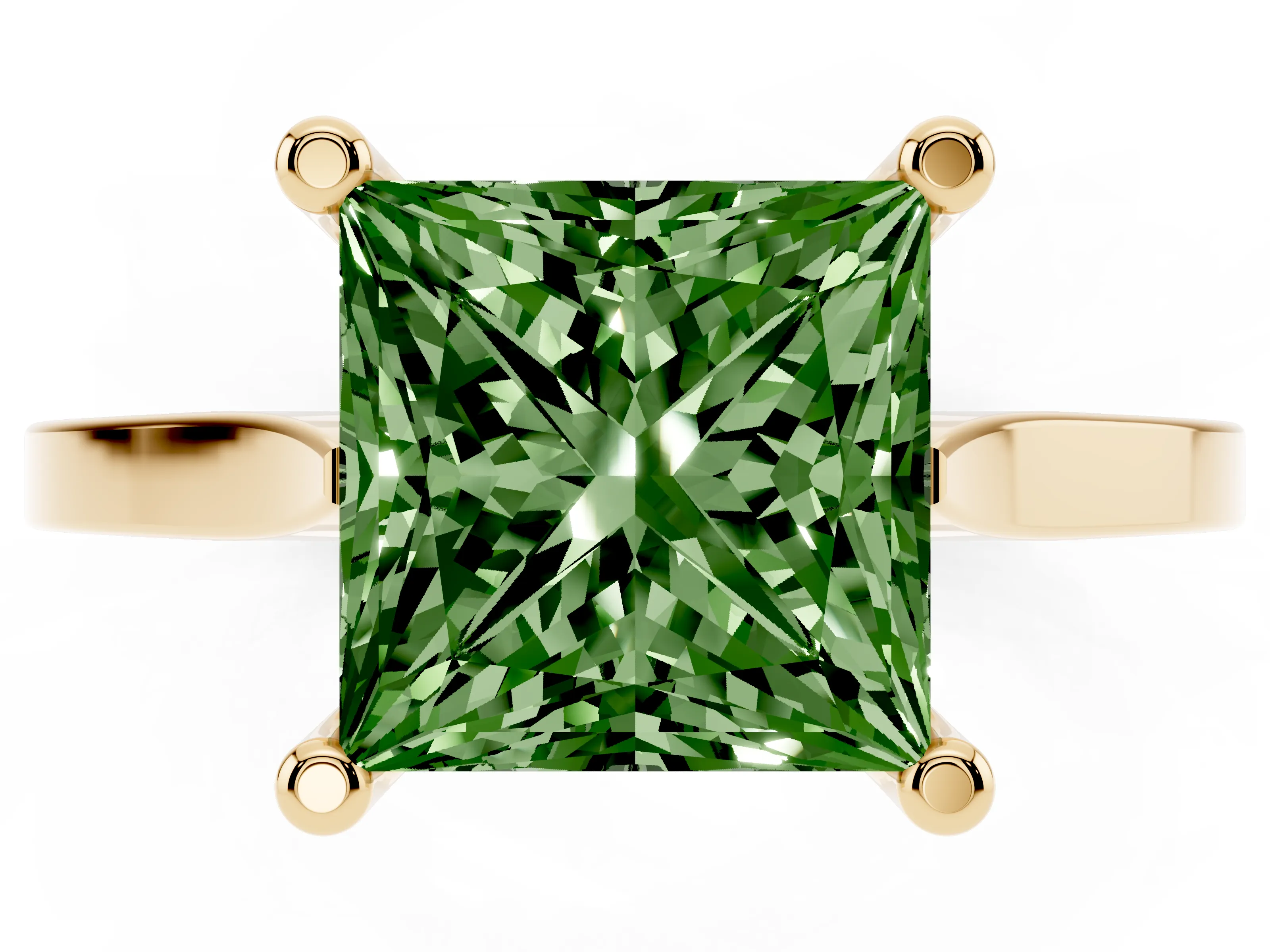 Fancy Green Princess Cut Diamond Solitaire Ring Set in Yellow gold with Prong Setting and Tapered Band