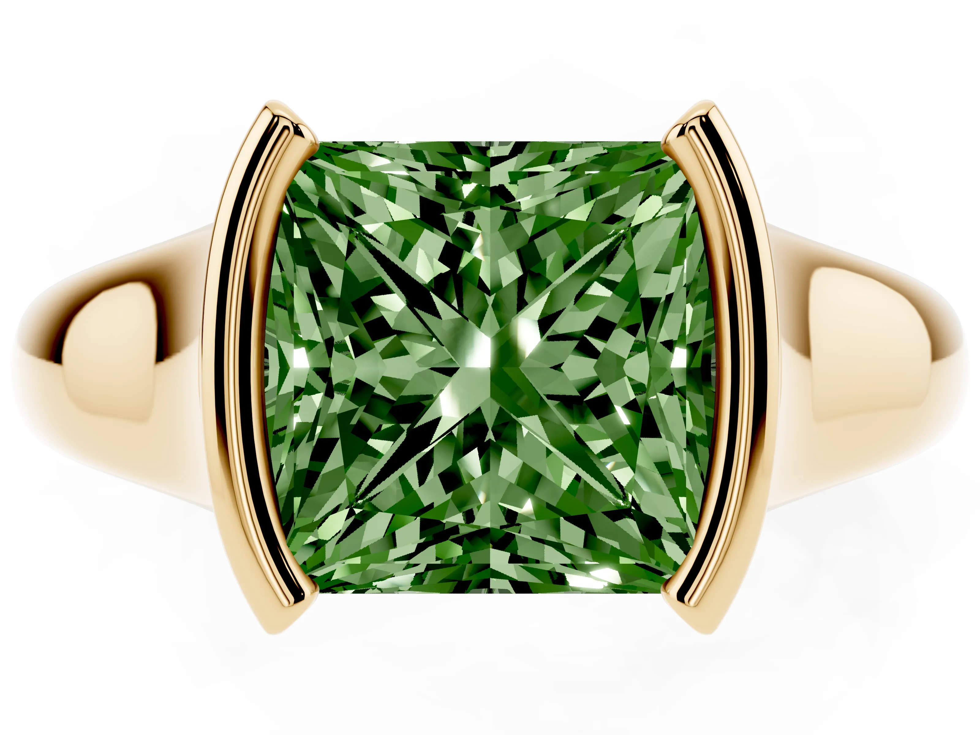 Fancy Green Princess Cut Diamond Solitaire Tension Set Ring Set in Yellow gold with Split Shank Band