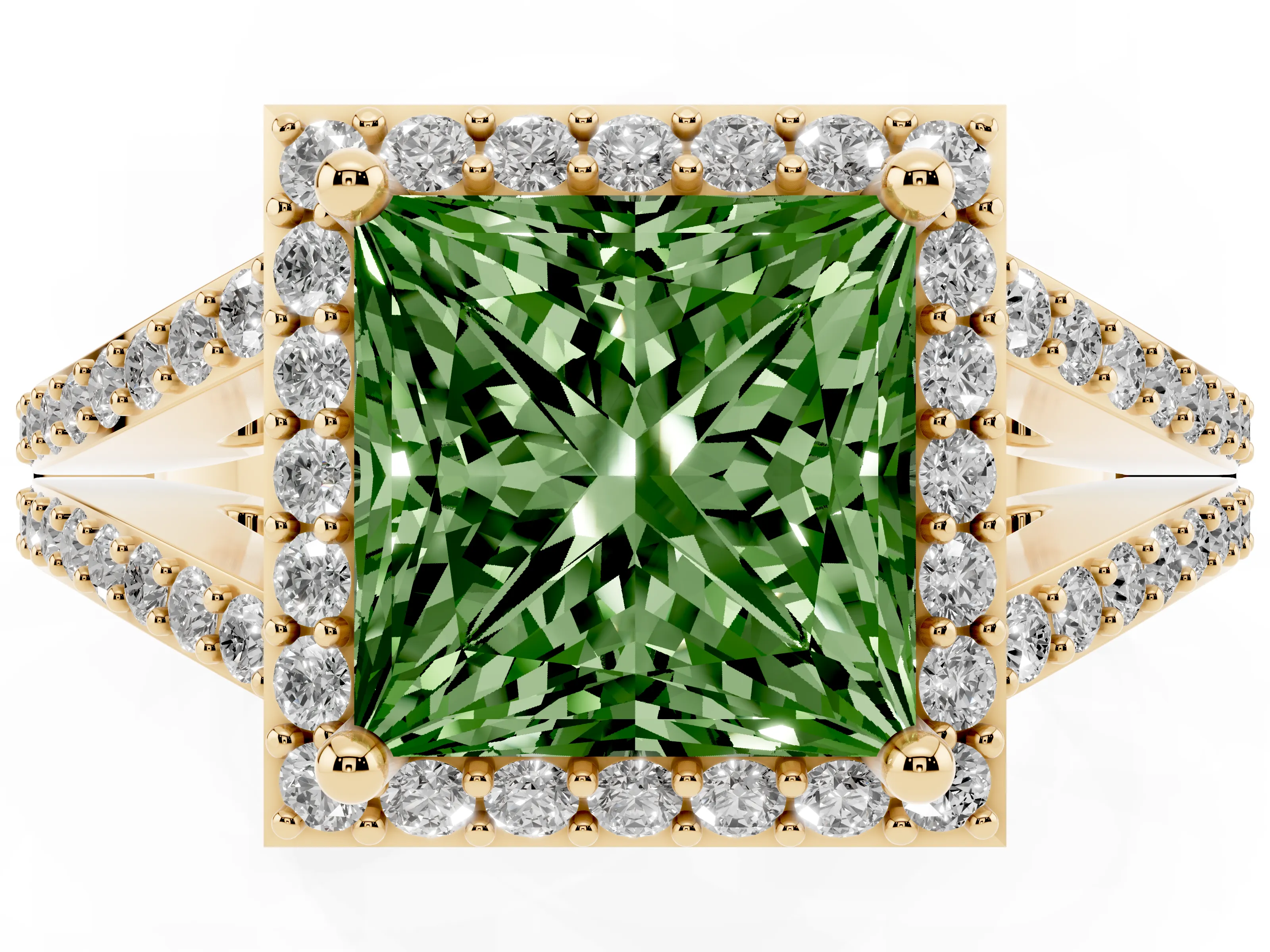 Fancy Green Princess Cut Diamond Halo Split Shank Pavé Ring Set in Yellow gold with Prong Setting
